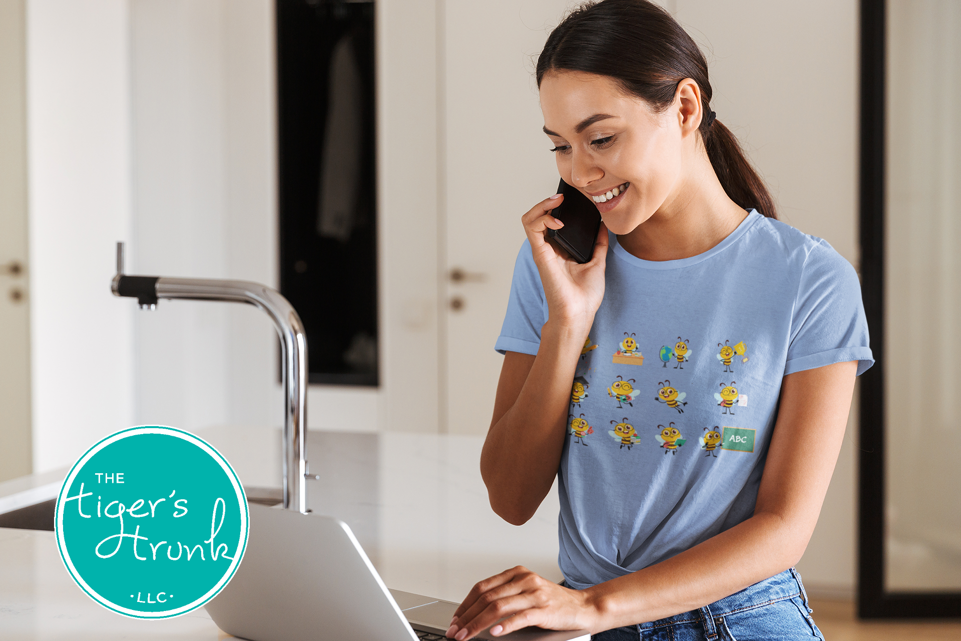 Graphic t-shirt with cartoon bees doing teacher tasks, playful and fun design perfect for school staff and educators