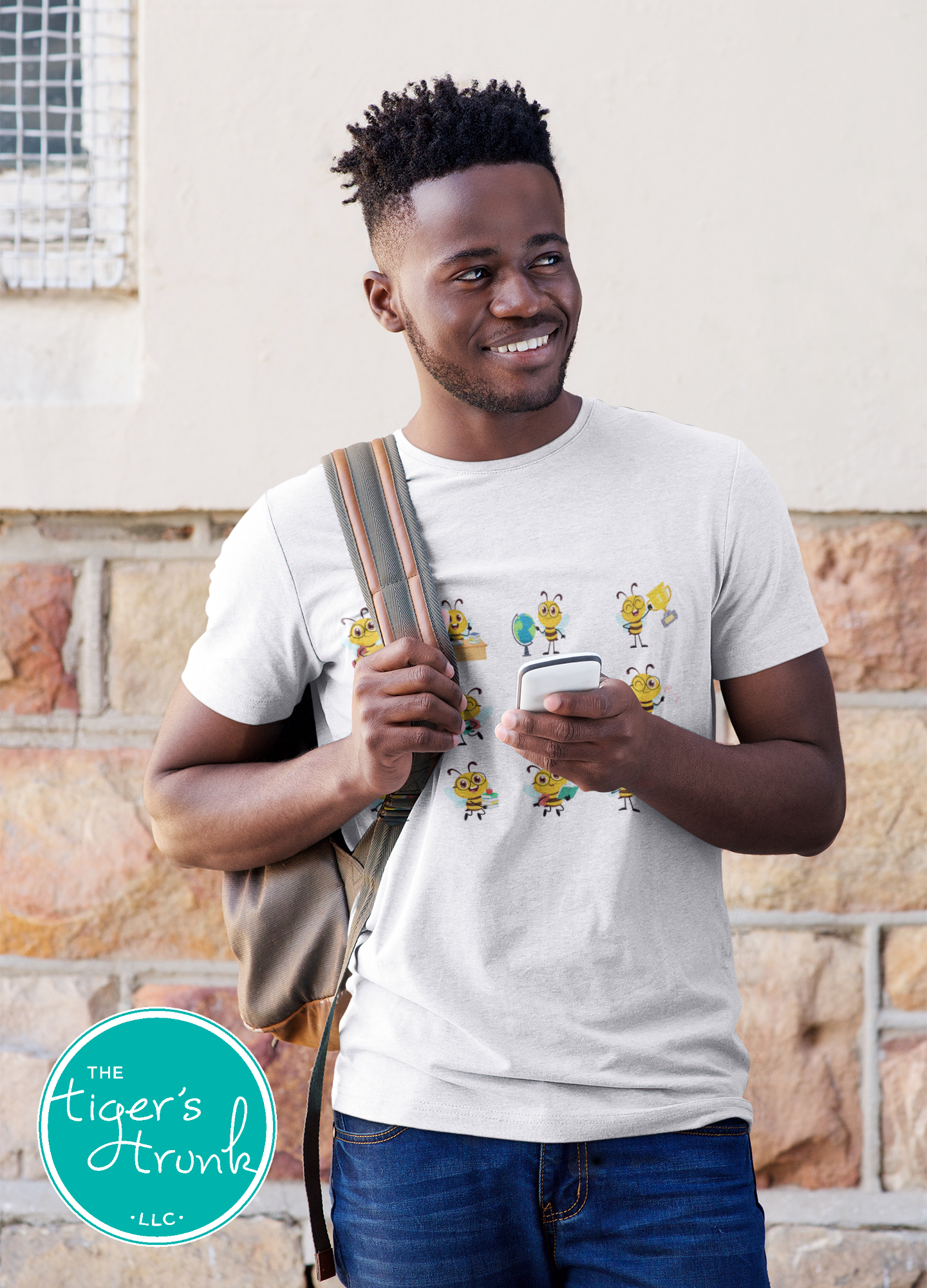 Graphic t-shirt with cartoon bees doing teacher tasks, playful and fun design perfect for school staff and educators