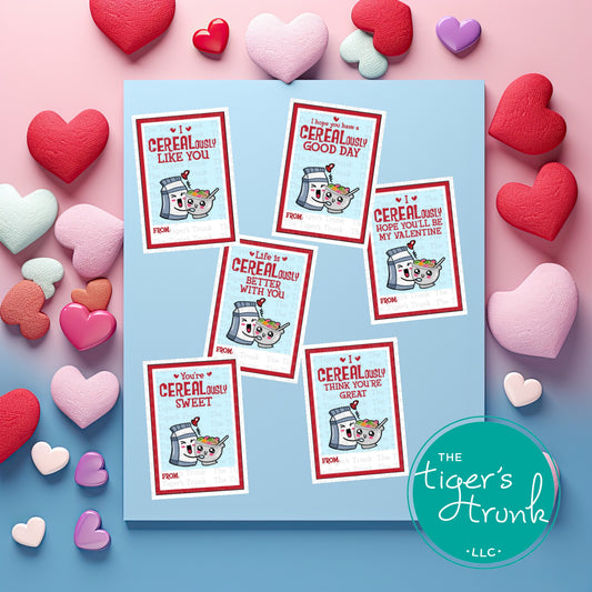 Printable rectangular cereal-themed Valentine’s cards featuring fun messages like "I CEREALously Like You" and "Life is CEREALously Better with You."