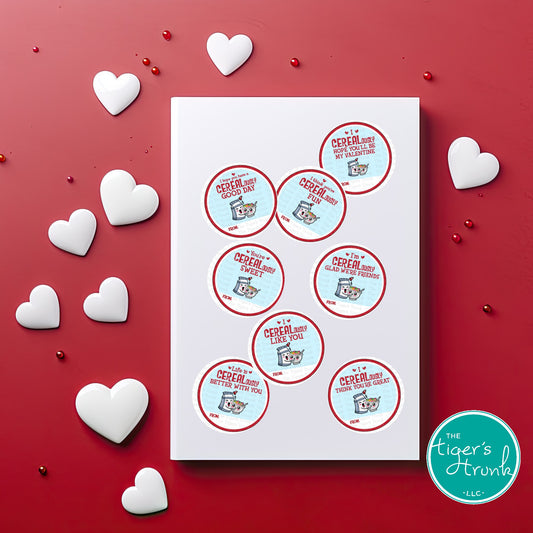 Printable round cereal-themed Valentine’s cards featuring fun messages like "I CEREALously Like You" and "Life is CEREALously Better with You."