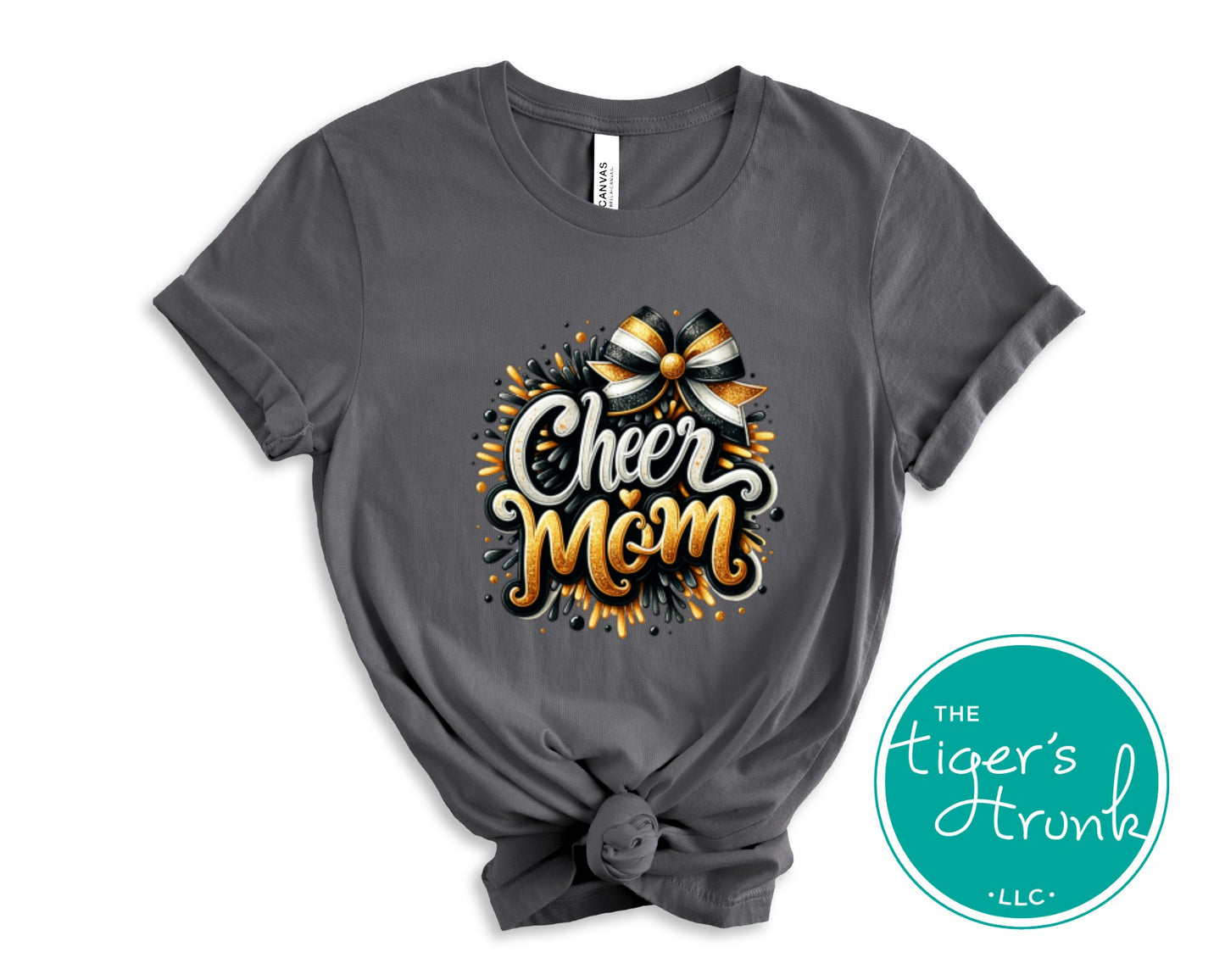 Asphalt t-shirt with 'Cheer Mom' design and The Tiger's Trunk logo on a white background