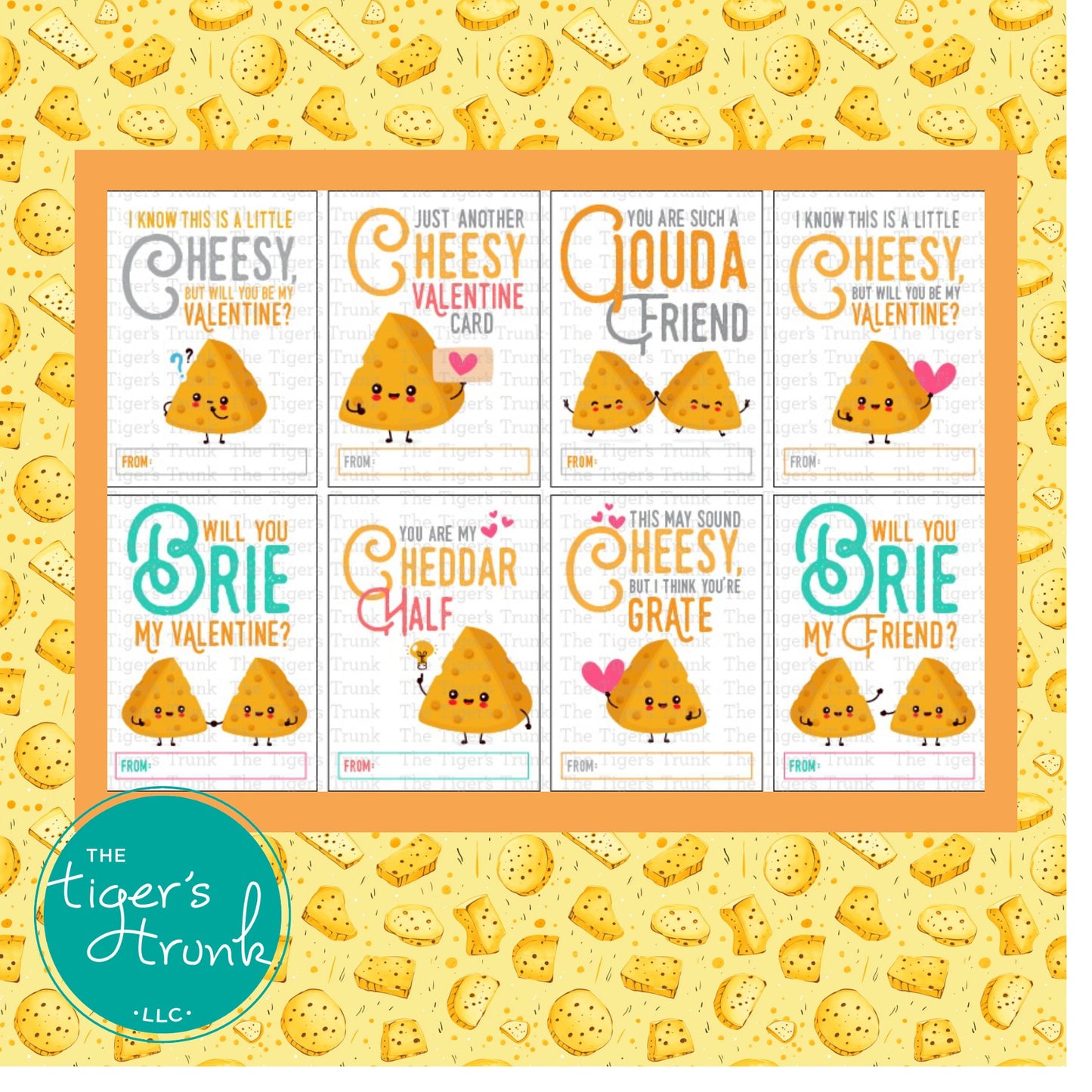 Funny printable Valentine cards with cheese puns, instant download snack-themed Valentine gift cards for classroom, kids, and party favors.