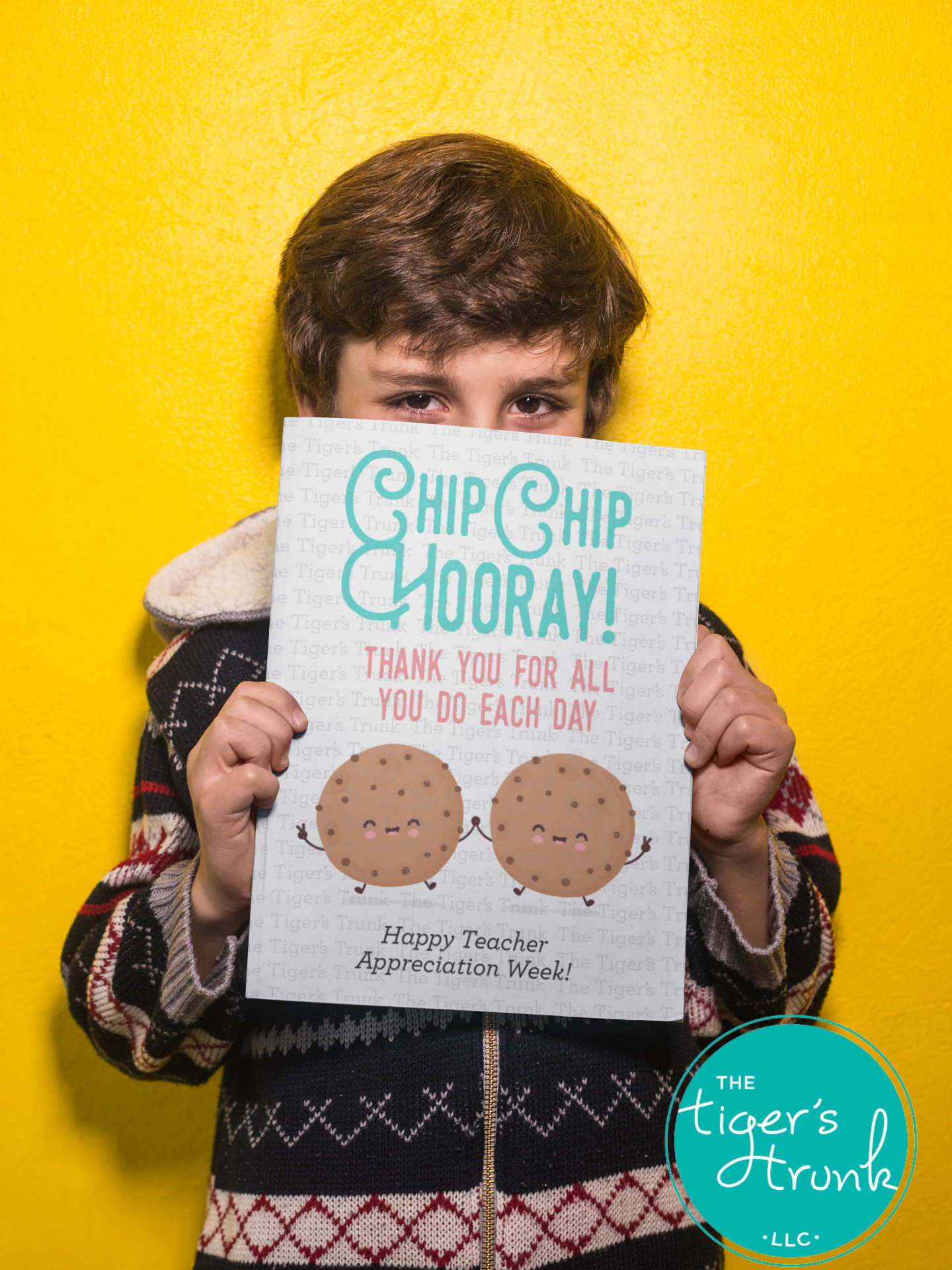 Printable cookie-themed sign for teacher appreciation with the message "Chip Chip Hooray Thank You for All You Do Each Day," instant download