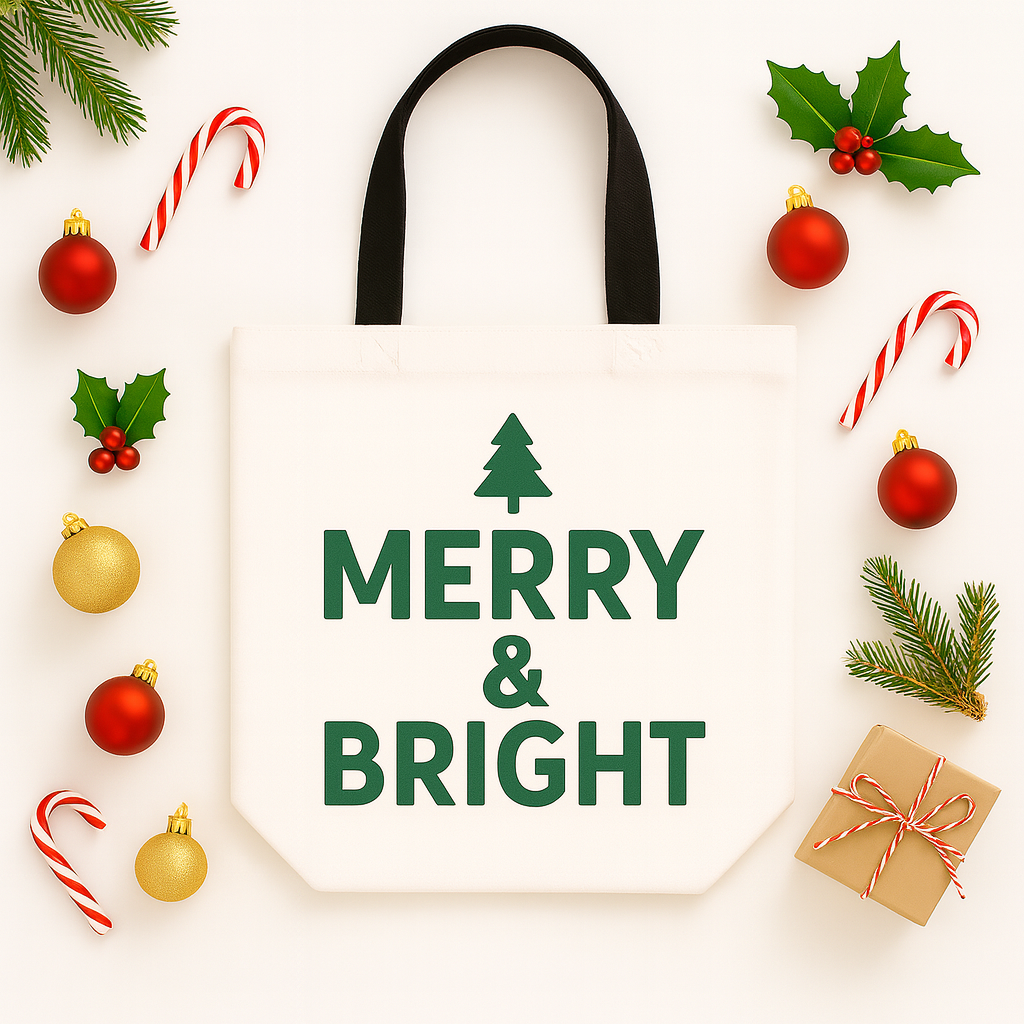 White Canvas Tote Bag Mockup with Christmas Decor PNG