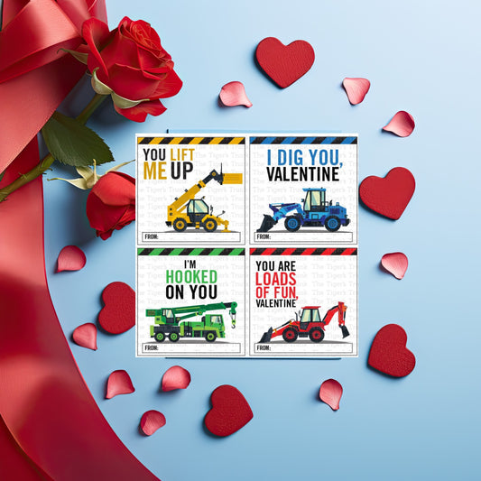 Construction-themed Valentine’s tags with messages like "I Dig You" and "You Lift Me Up," perfect for treat bags and kids’ exchanges.