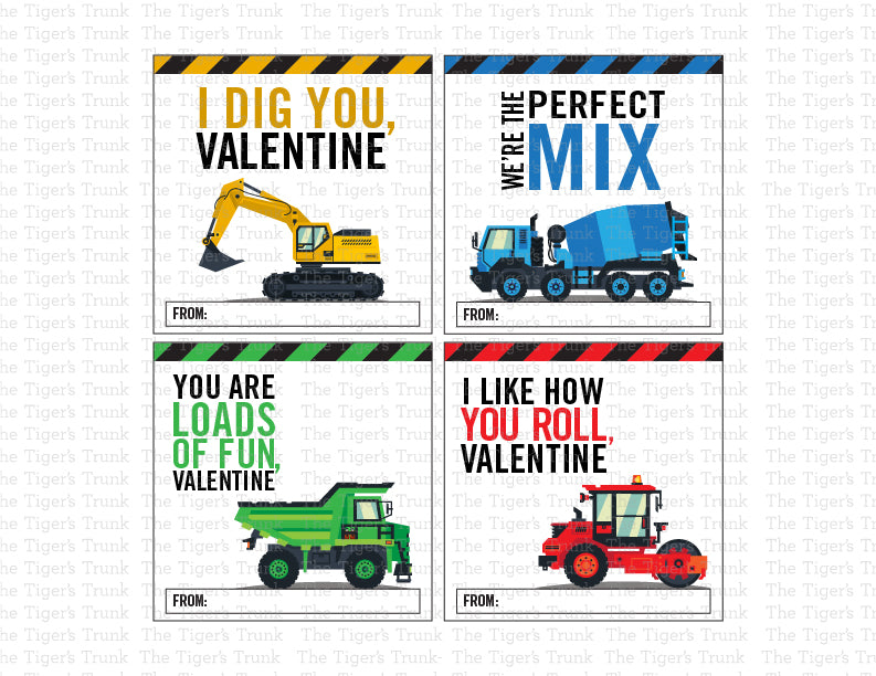 Construction-themed Valentine’s tags with messages like "I Dig You" and "You Lift Me Up," perfect for treat bags and kids’ exchanges.