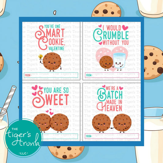 Digital download cookie-themed Valentine tags for kids, featuring fun designs and phrases, perfect for DIY classroom exchanges.