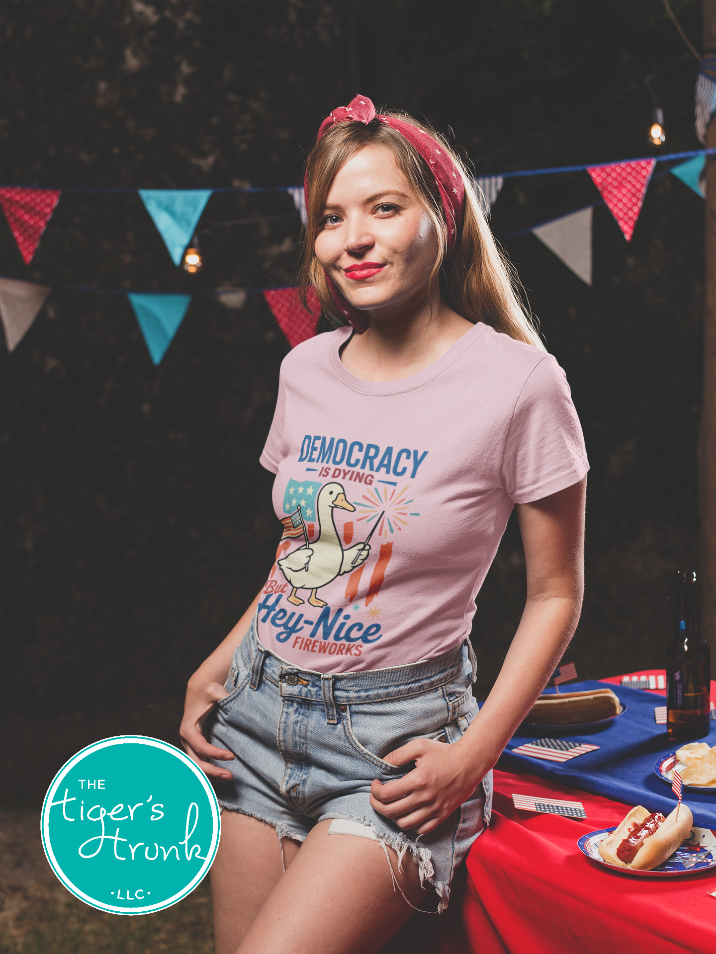 Funny Fourth of July t-shirt with goose holding sparkler and flag, reading Democracy Is Dying But Hey, Nice Fireworks