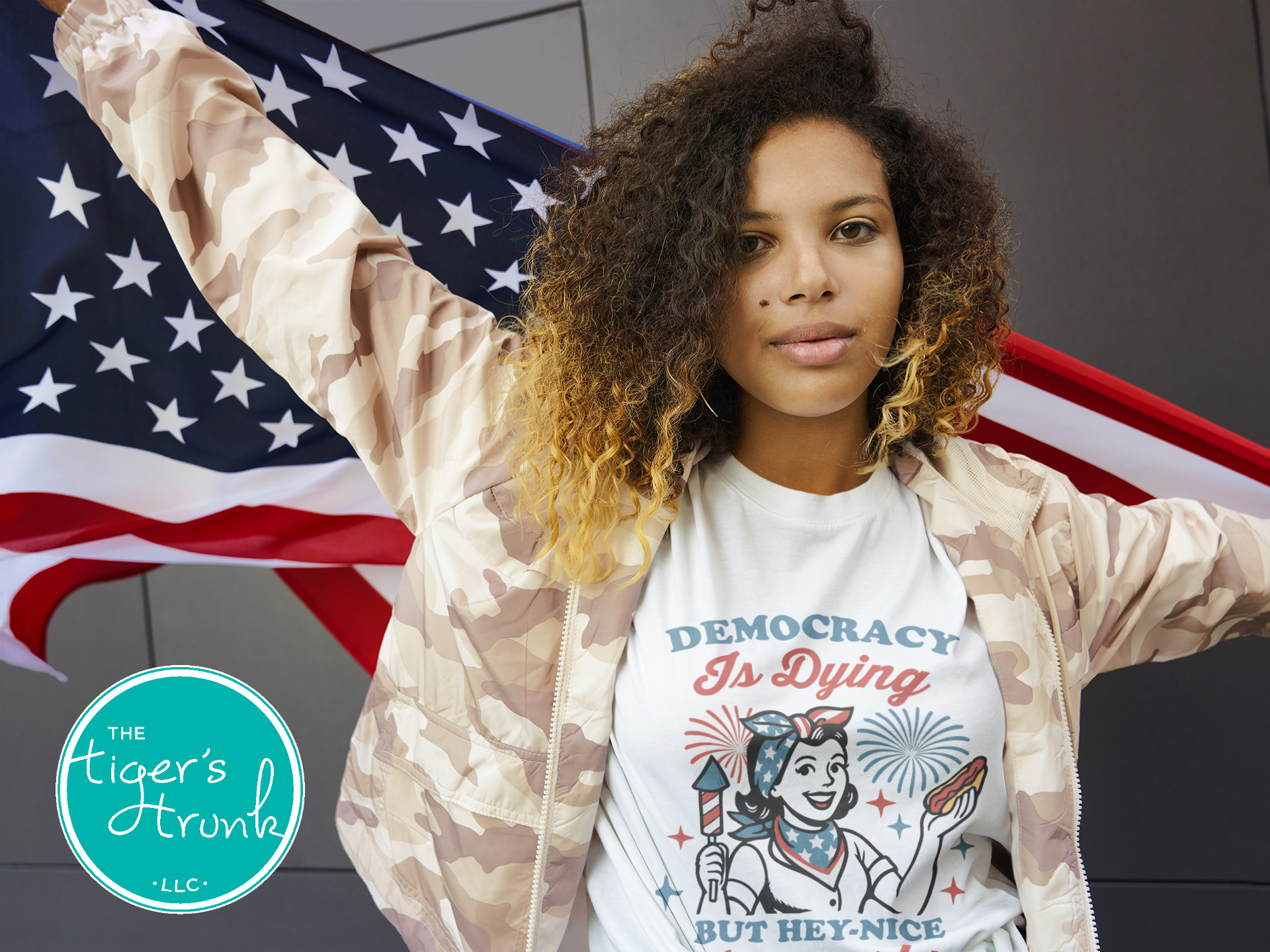 Patriotic graphic t-shirt that reads Democracy Is Dying But Hey, Nice Fireworks, political and sarcastic July Fourth shirt