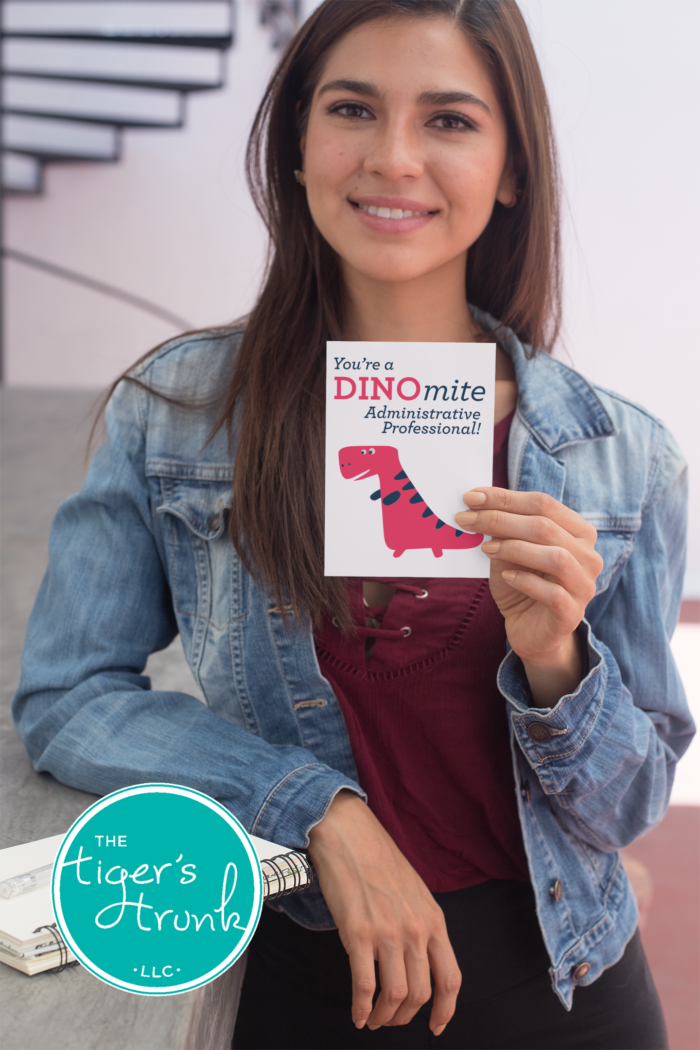 Printable Administrative Professional Appreciation card with a dinosaur theme and a fun thank-you message, available as an instant digital download.