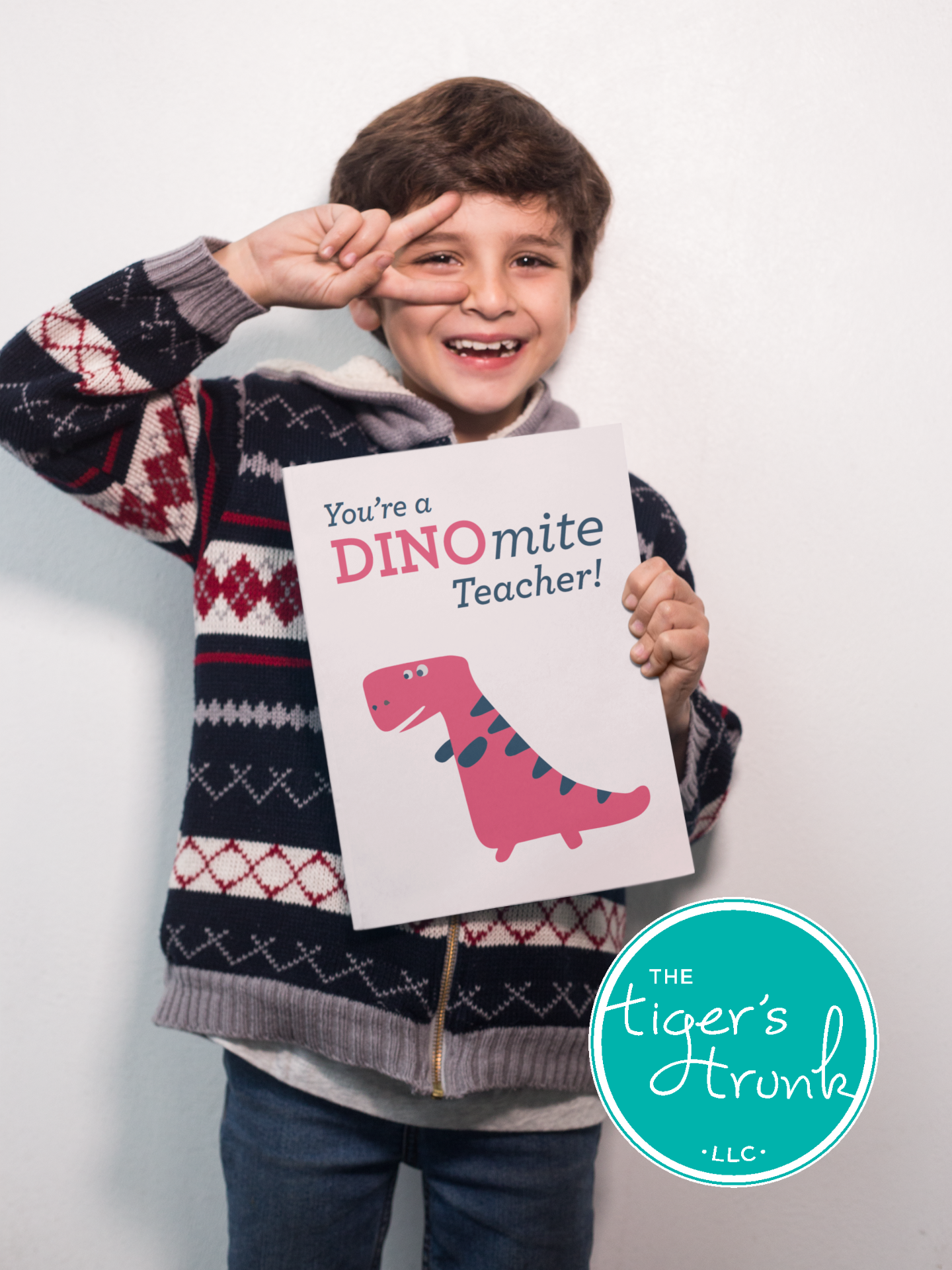 Printable teacher appreciation sign with dinosaur design and the message "You're a DINOmite Teacher!" instant download PDF