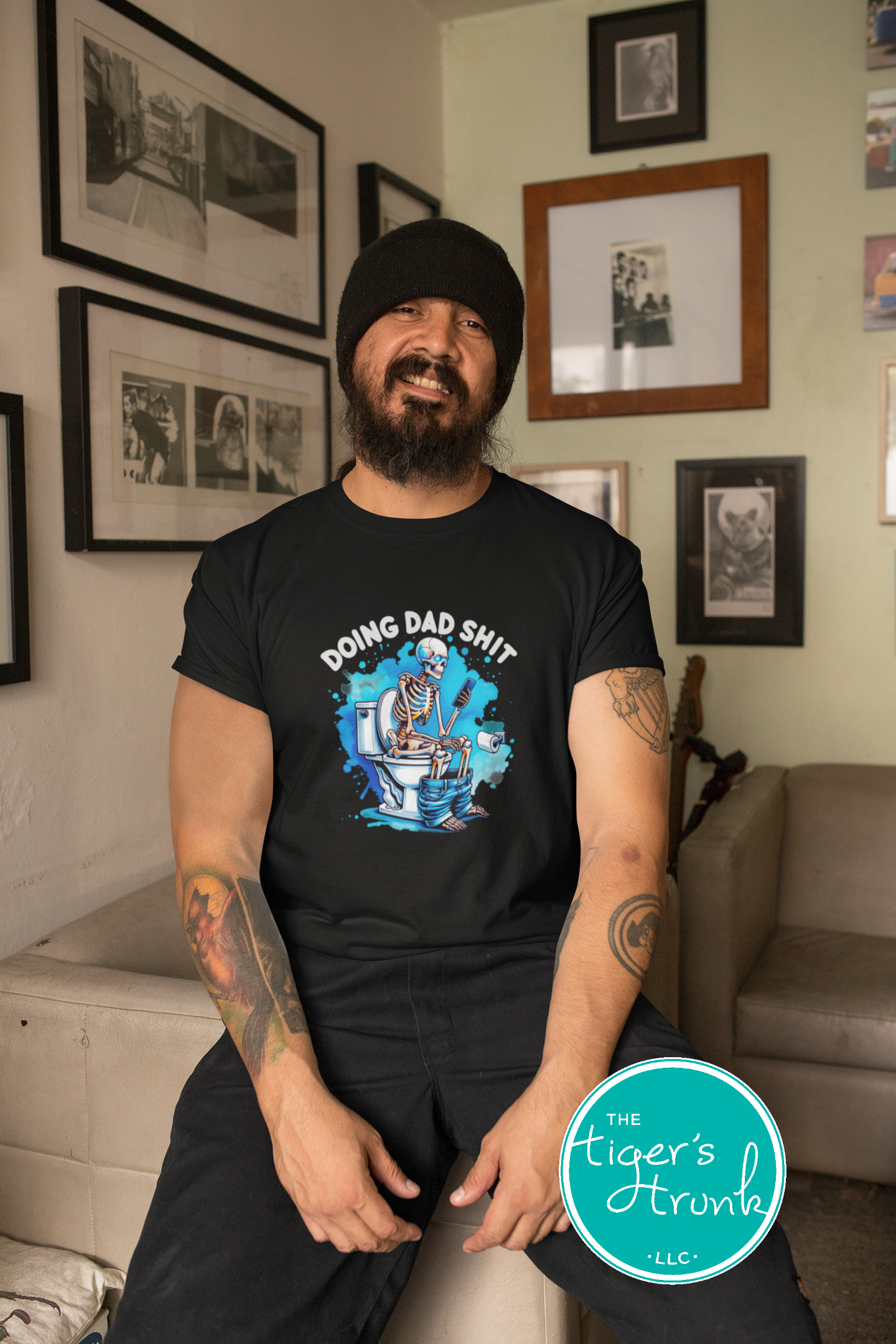 Skeleton sitting on a toilet with the phrase "Doing Dad Shit," printed on a t-shirt for dad humor and Father’s Day gifts