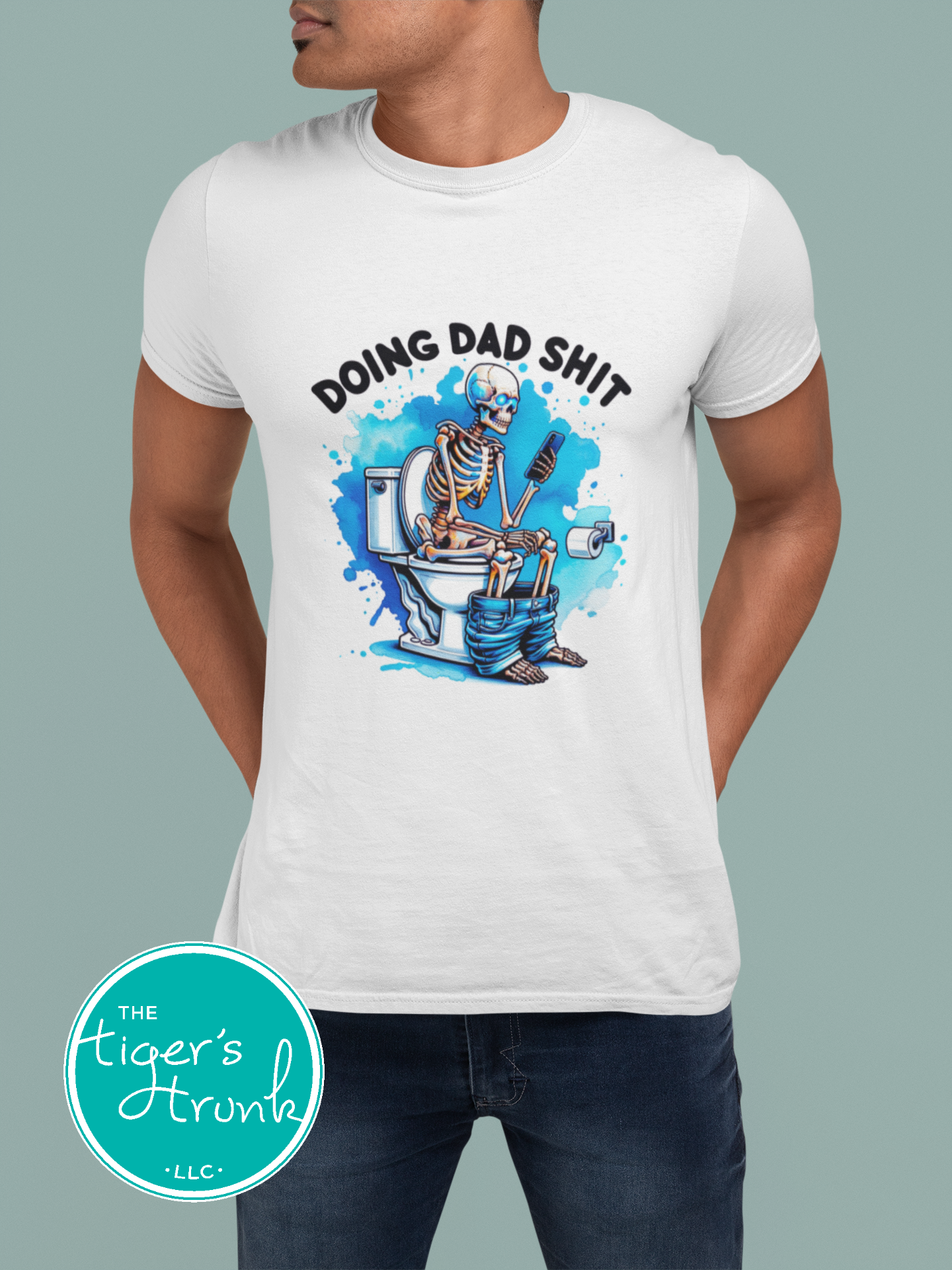 Skeleton sitting on a toilet with the phrase "Doing Dad Shit," printed on a t-shirt for dad humor and Father’s Day gifts