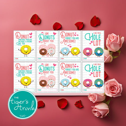 Printable donut-themed Valentine cards with fun puns, instant download non-candy Valentine gifts for classroom exchanges and party favors.