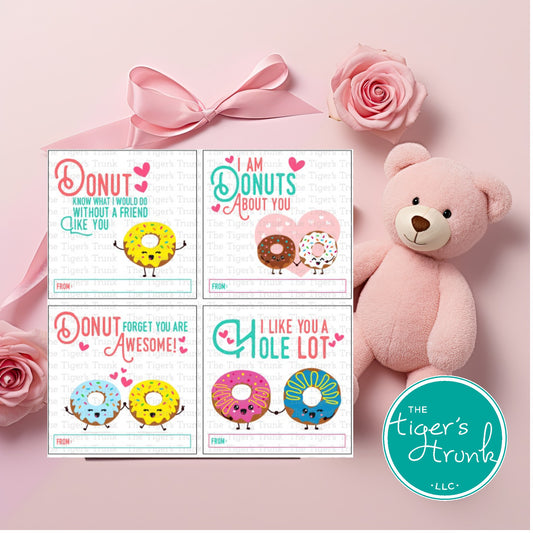 Printable donut-themed Valentine tags with fun puns, instant download non-candy Valentine gifts for classroom exchanges and party favors.