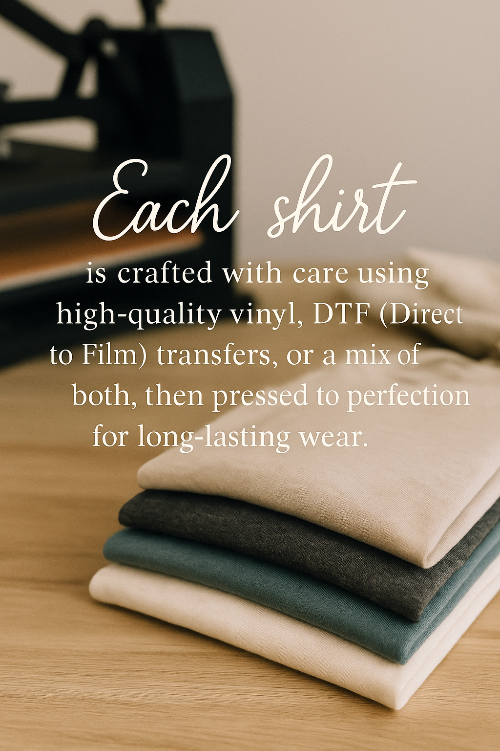 Stack of folded shirts on a wooden surface with text about shirt manufacturing process.