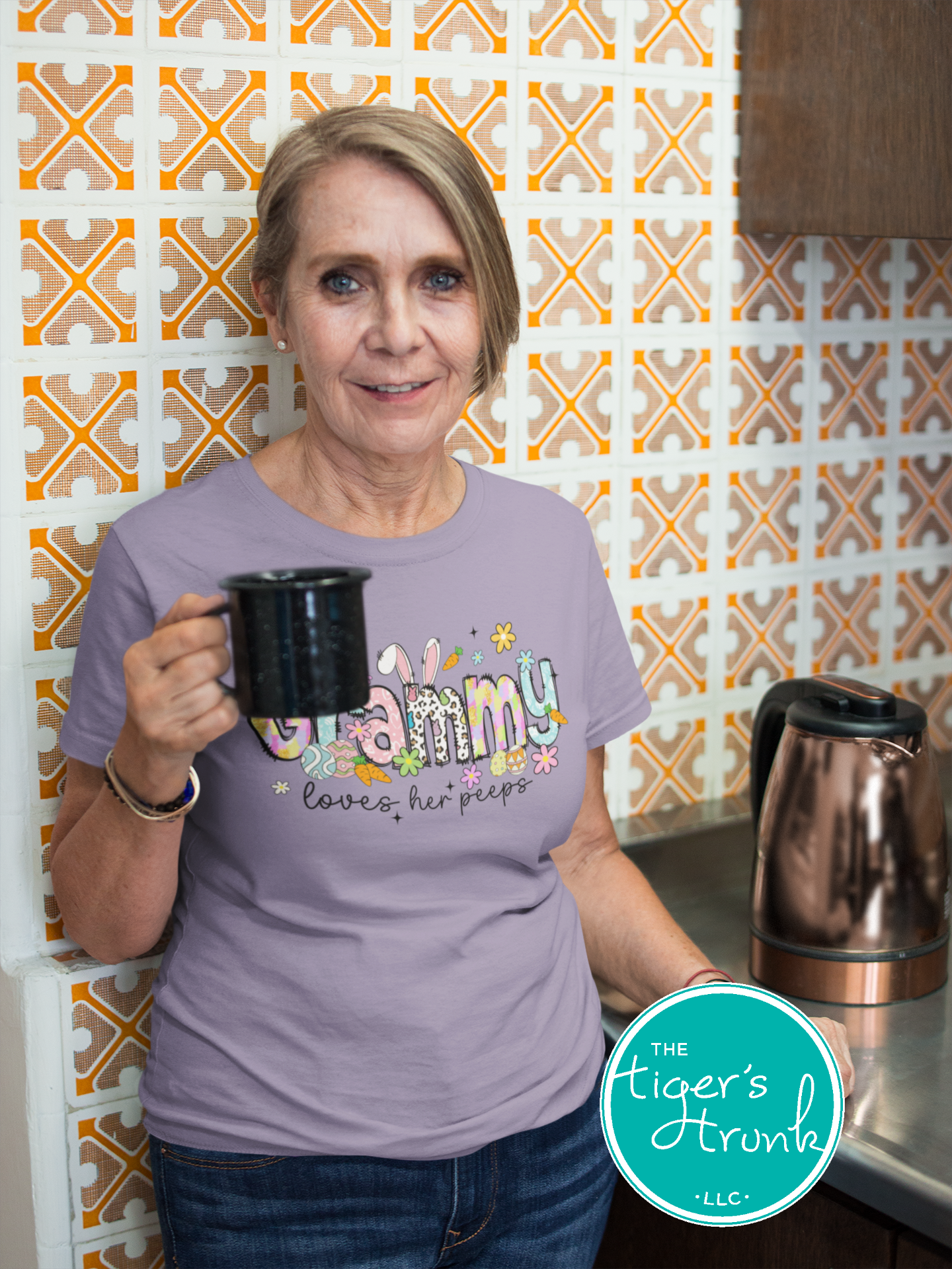 Easter t-shirt for Grammy with spring print font including bunnies, eggs, and flowers, designed for festive holiday wear