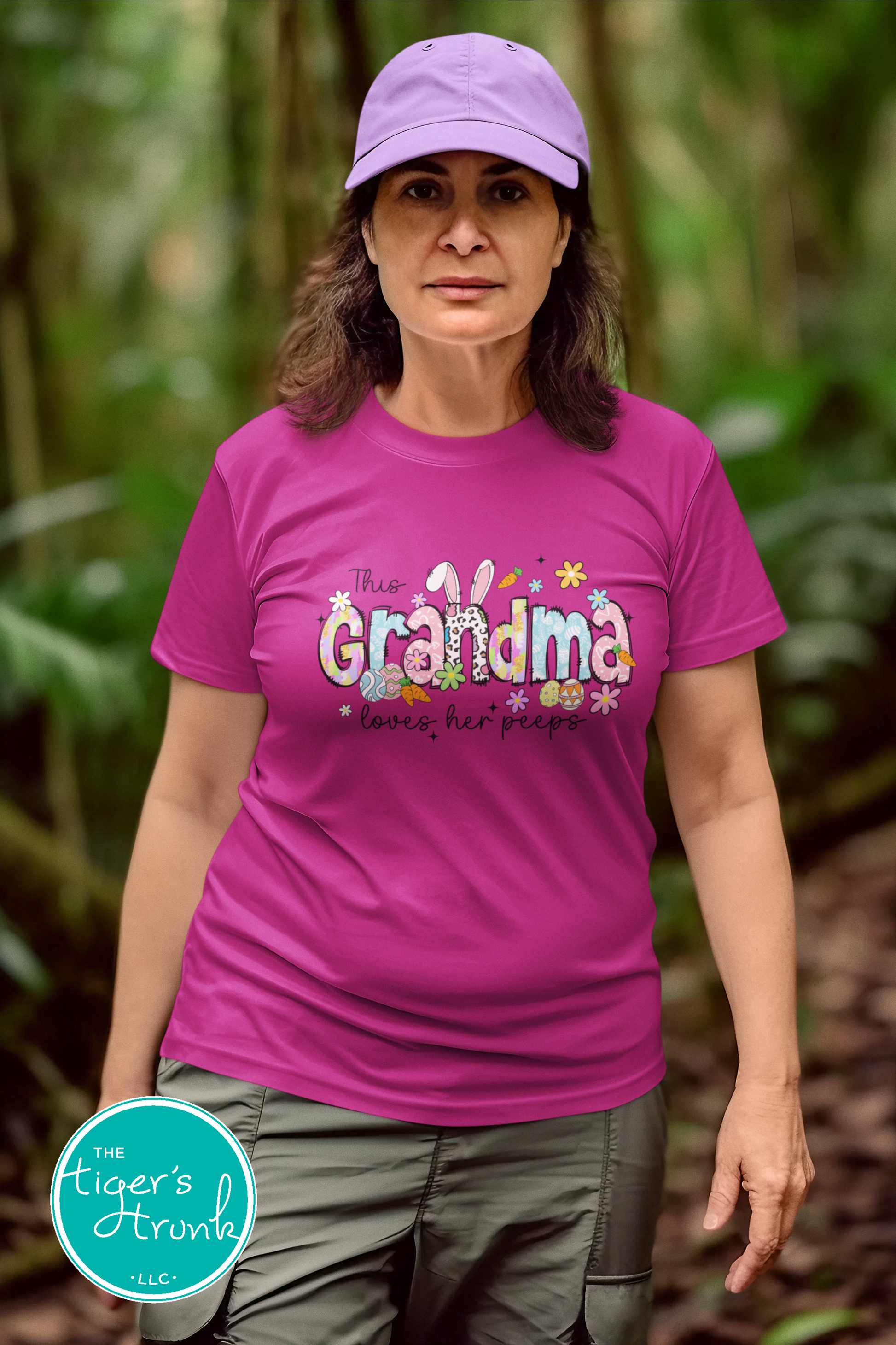 Easter t-shirt with "Grandma" in pastel spring print font featuring bunnies, florals, and eggs, perfect for Easter brunch and family gatherings