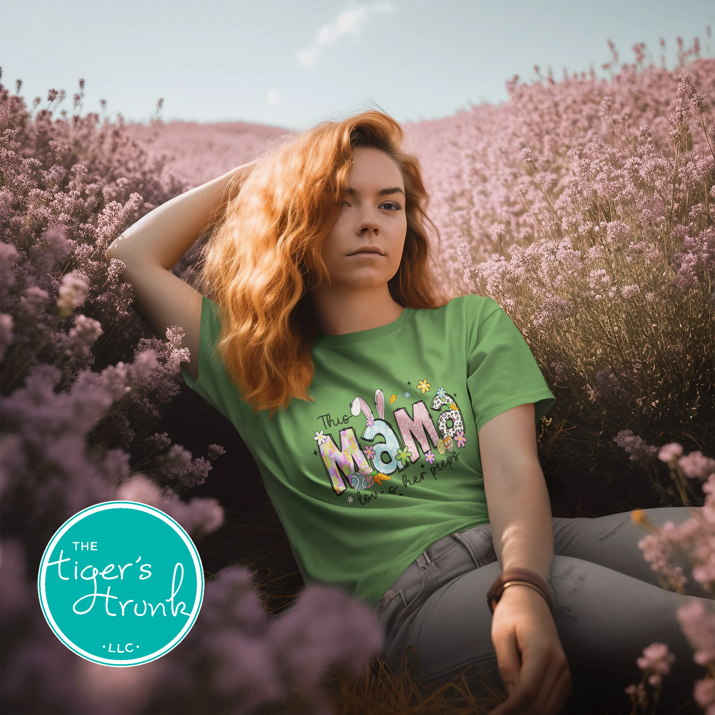 Easter t-shirt with "Mama" in colorful pastel spring print font, featuring floral and bunny-themed design perfect for holiday celebrations