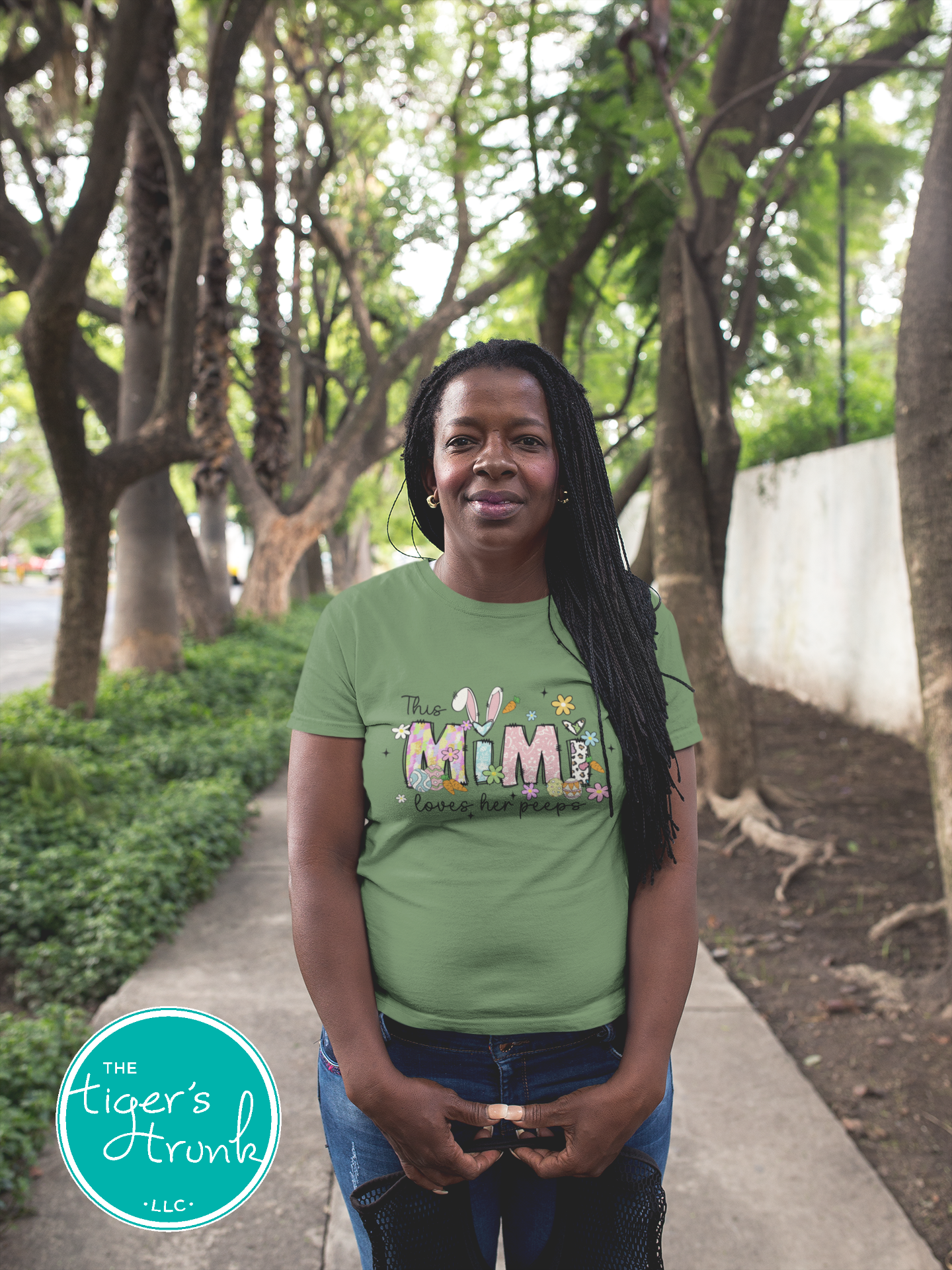 Easter t-shirt with "Mimi" in pastel spring print font, featuring bunnies and florals, perfect for holiday photos and egg hunts