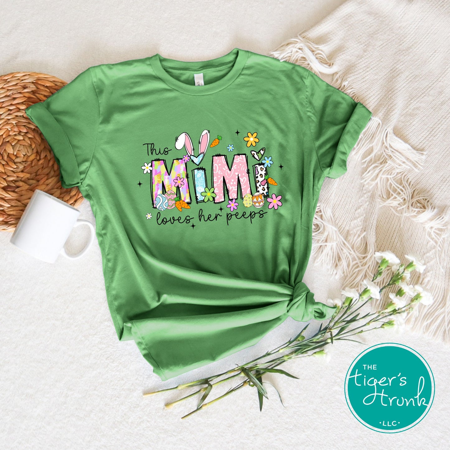 Easter t-shirt with "Mimi" in pastel spring print font, featuring bunnies and florals, perfect for holiday photos and egg hunts