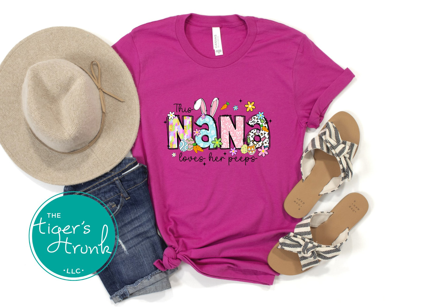Easter t-shirt with "Nana" in pastel spring print font with bunnies, eggs, and flowers, perfect for holiday gatherings and egg hunts