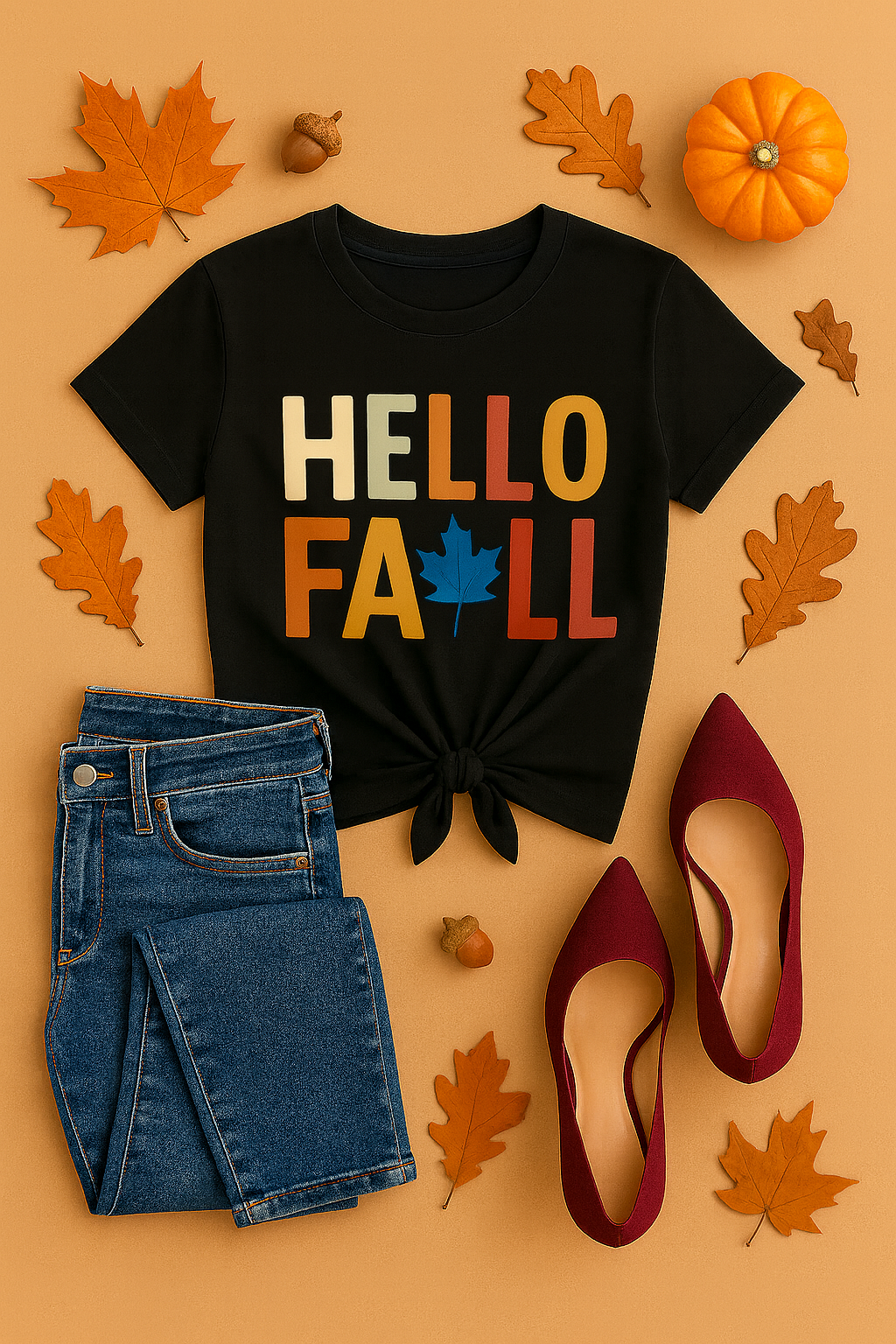 Black Shirt Mockup PNG with Fall Décor