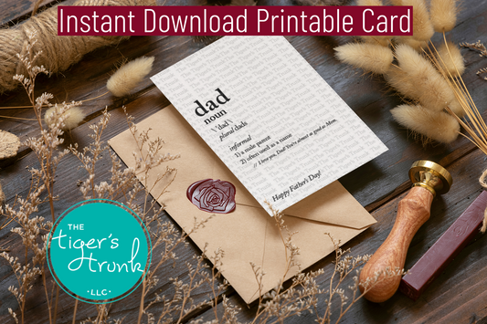 Father’s Day printable card with a dictionary-style definition of “Dad” ending in “You’re almost as good as Mom,” instant download