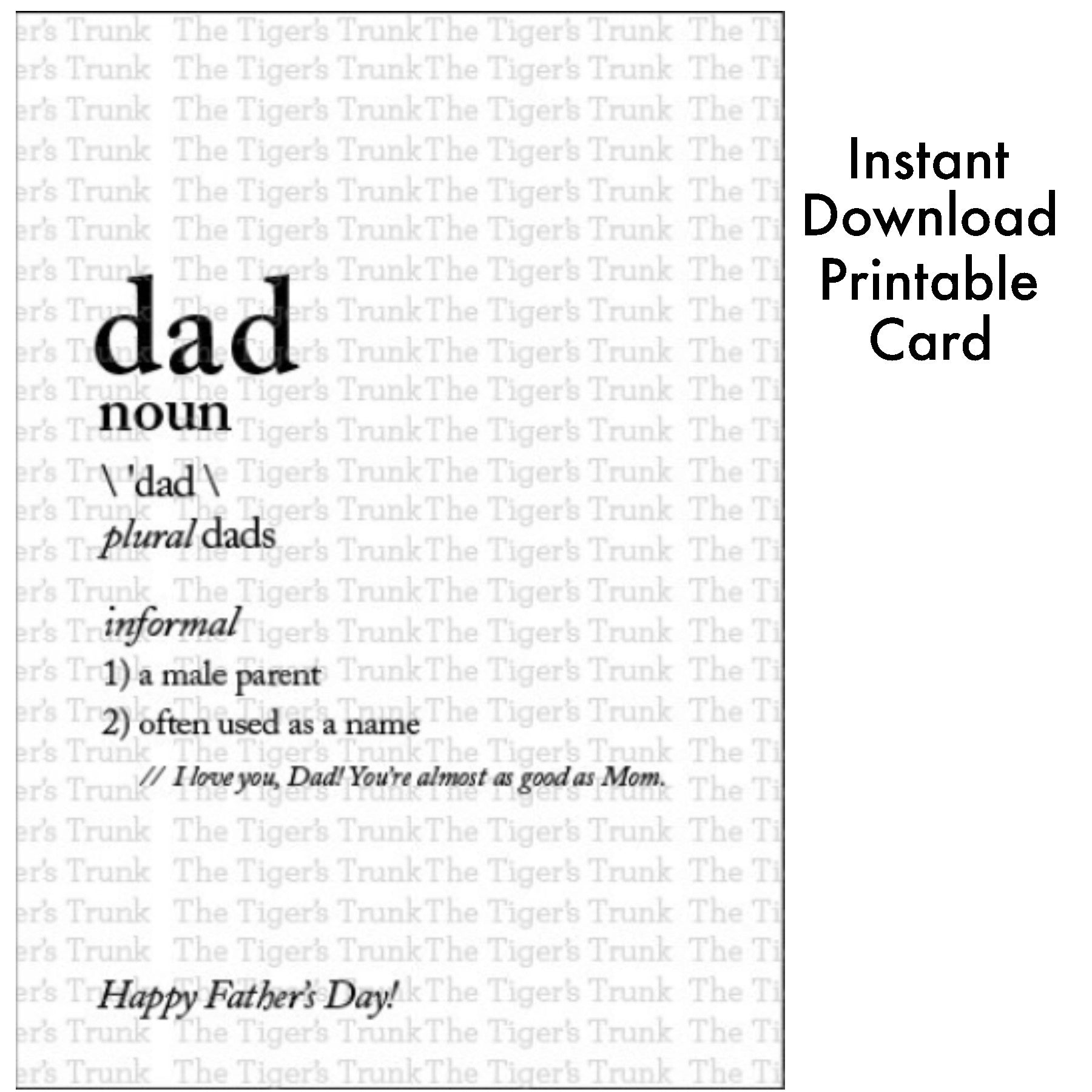 Father’s Day printable card with a dictionary-style definition of “Dad” ending in “You’re almost as good as Mom,” instant download