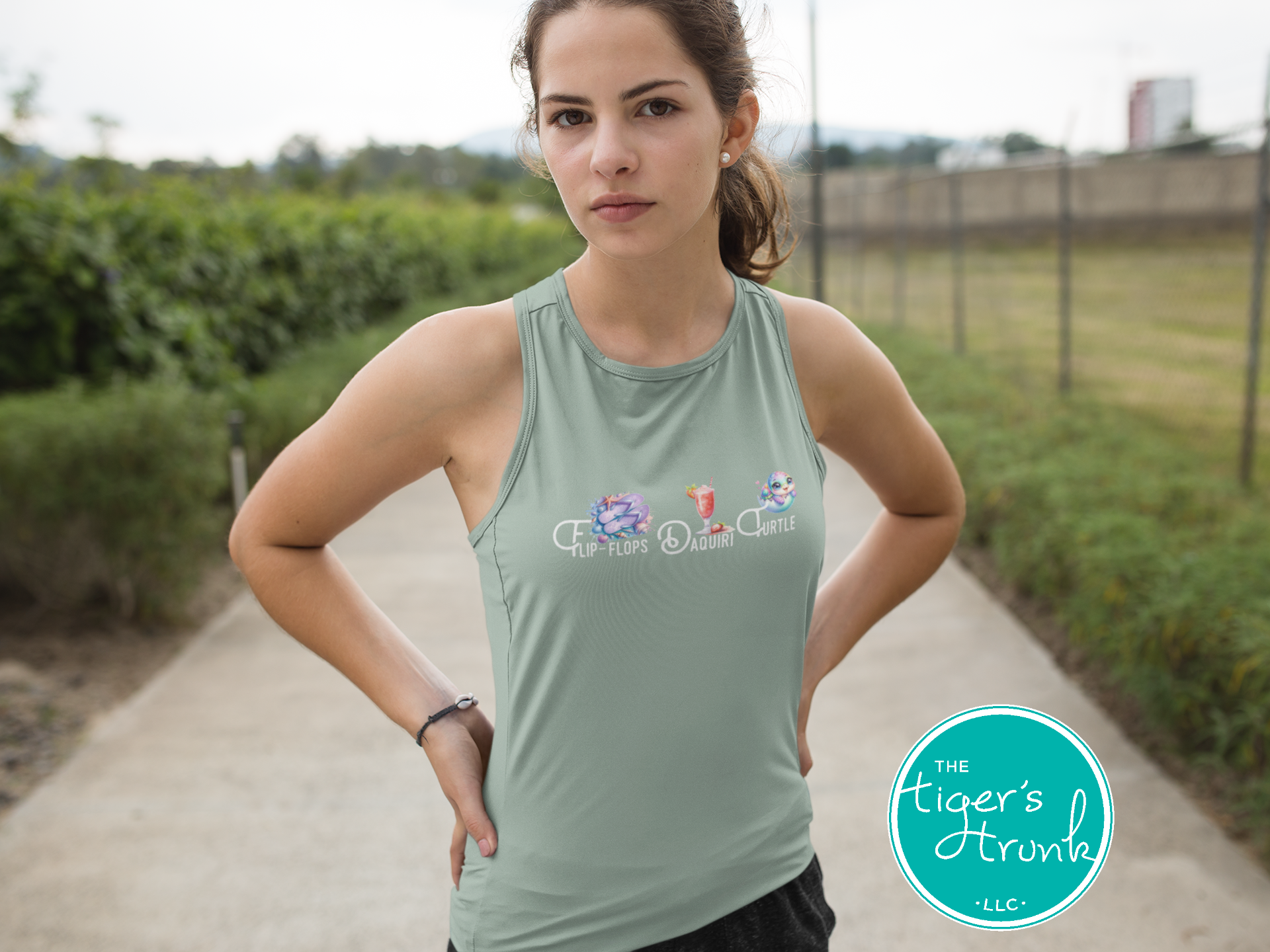 Summer design featuring flip-flops, a daiquiri, and a turtle, subtle protest graphic for t-shirts, tank tops, or beach bags