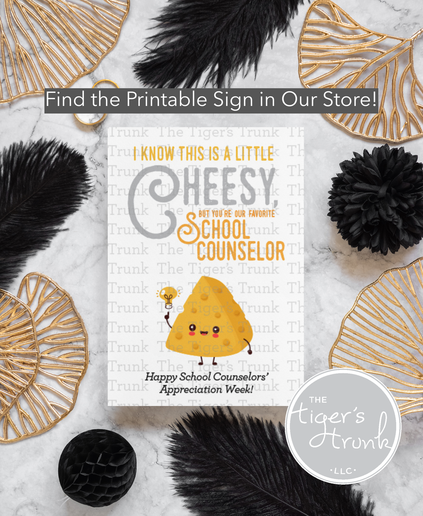 Printable cheese-themed thank you card for school counselors and staff, perfect for appreciation gifts.