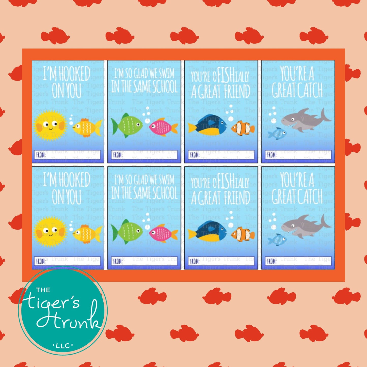 Printable fish-themed Valentine cards with fun puns, instant download non-candy Valentine gifts for classroom exchanges and party favors.