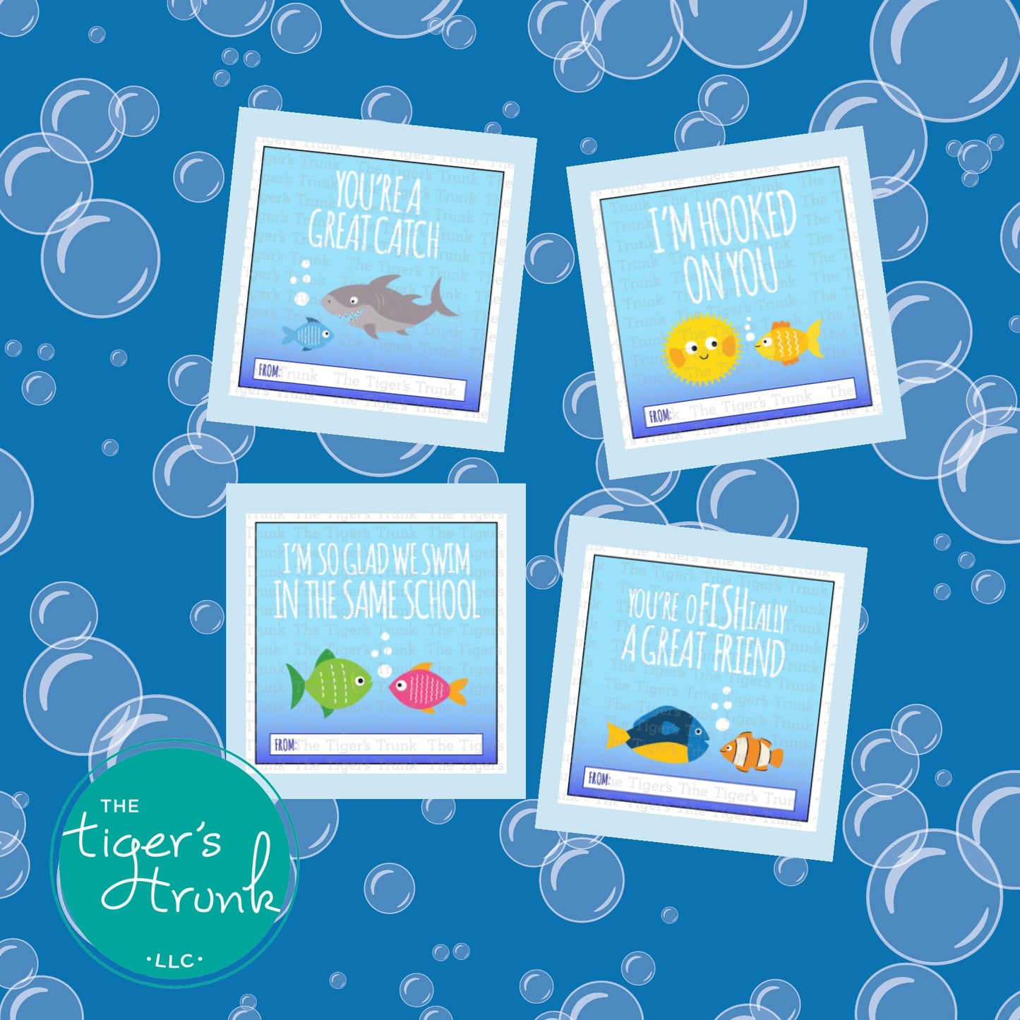 Printable fish-themed Valentine tags with fun puns, instant download non-candy Valentine gifts for classroom exchanges and party favors.