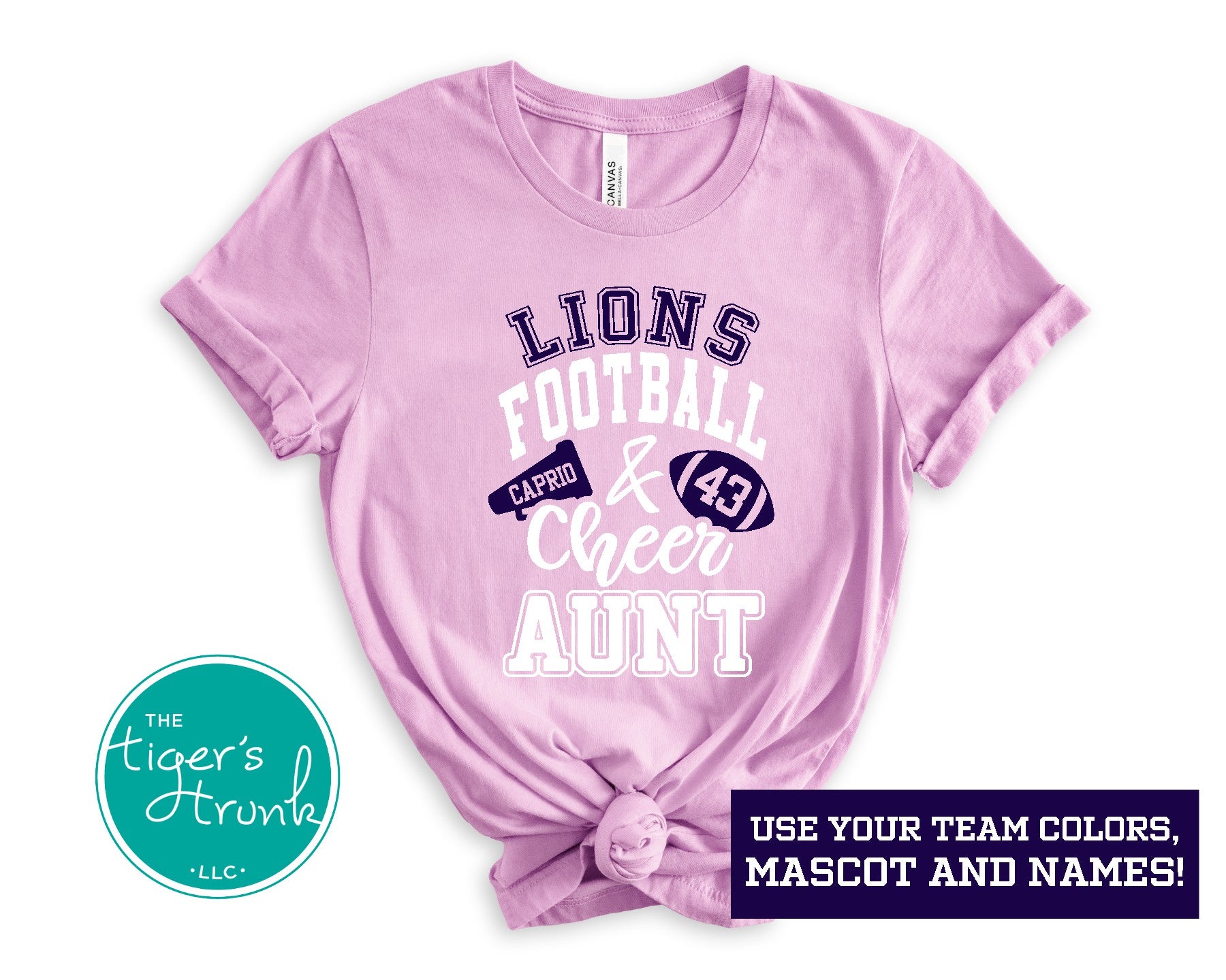 Custom Football and Cheer Aunt t-shirt with school colors, mascot name, megaphone and football design, featuring cheerleader and player personalization