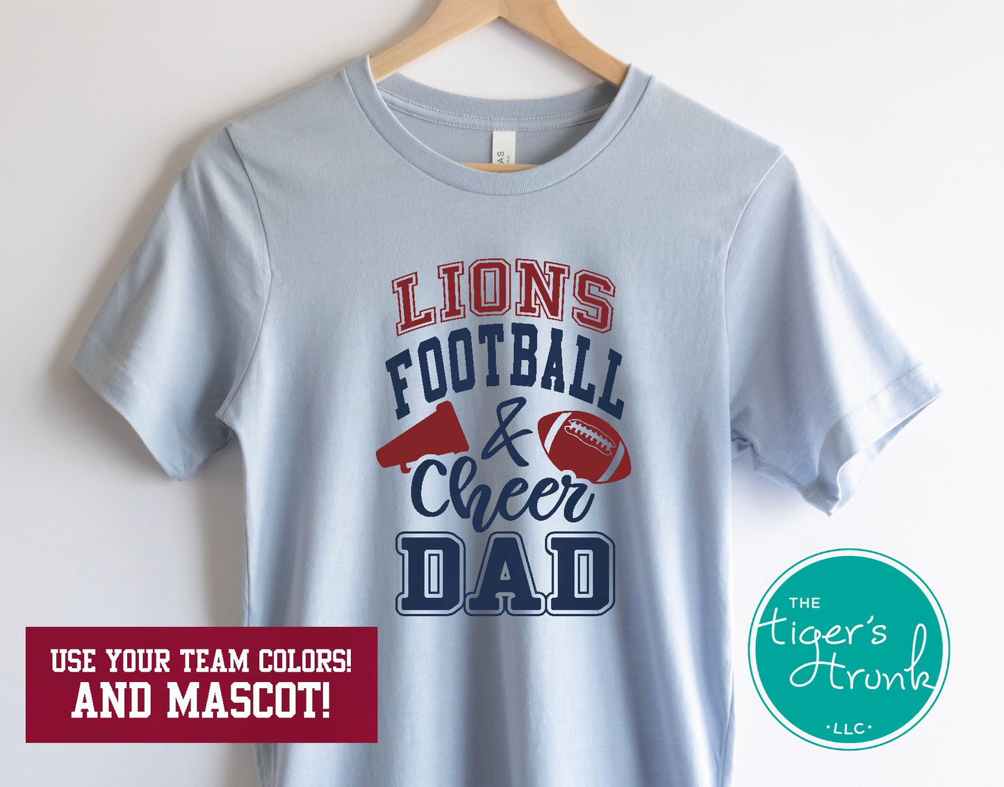 Football and Cheer Dad shirt with megaphone and football design, personalized with school colors and team mascot for custom game day spirit wear