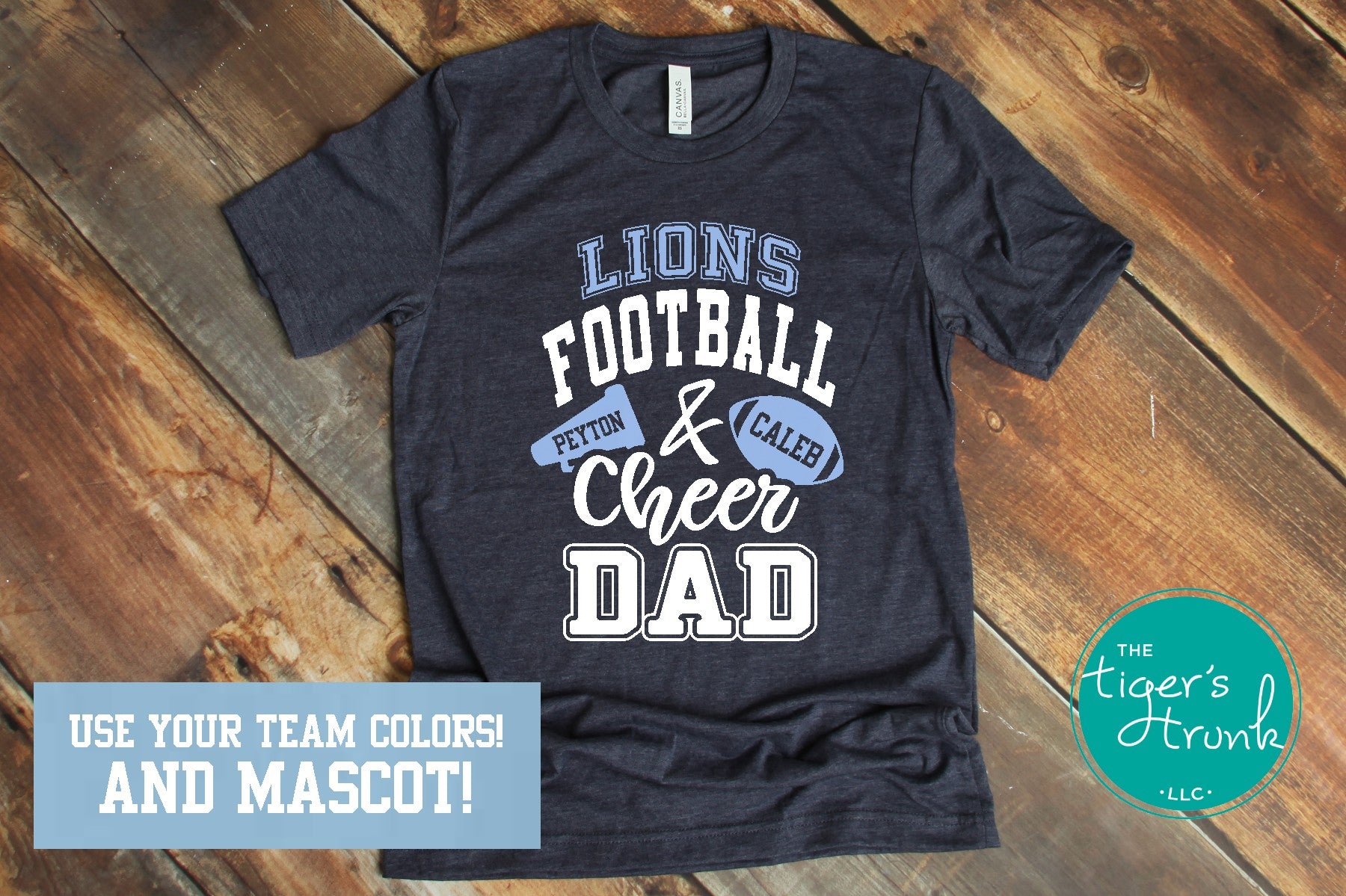 Football and Cheer matching parent shirt set with megaphone and football design, school colors, mascot name, and personalized names or jersey number