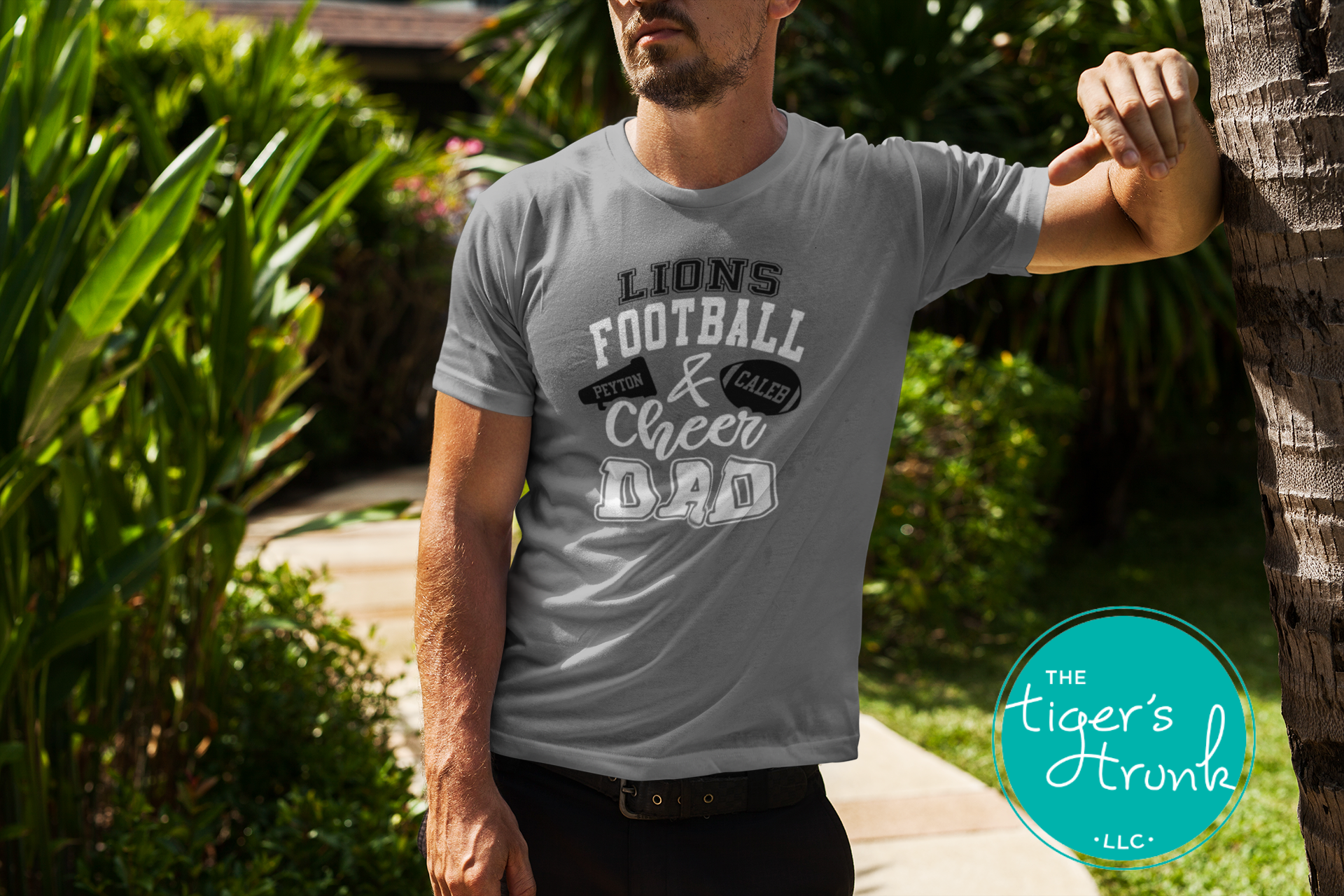 Football and Cheer matching parent shirt set with megaphone and football design, school colors, mascot name, and personalized names or jersey number