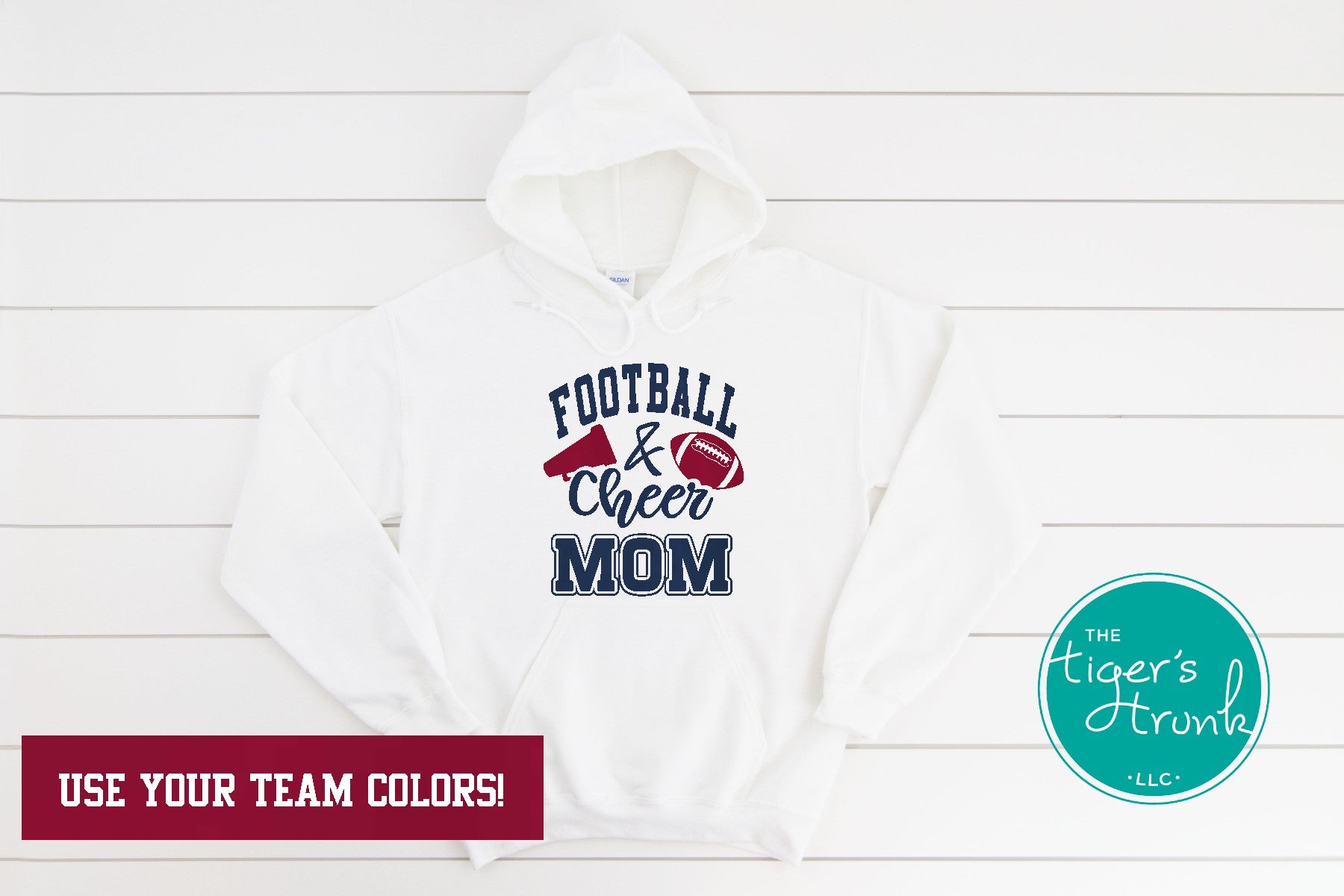 Custom Football and Cheer Mom hoodie with megaphone and football graphics, personalized with school colors and mascot for game day spirit wear