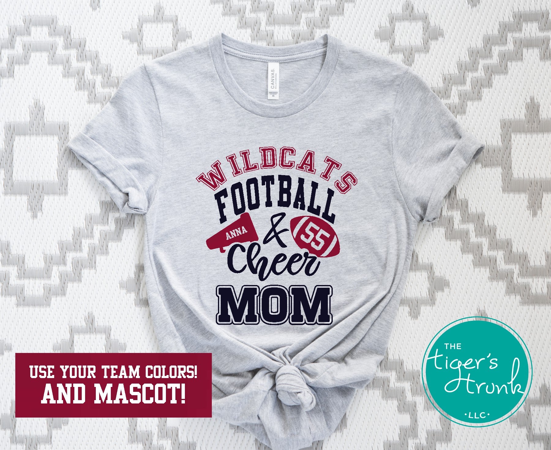 Football and Cheer Mom t-shirt with megaphone and football design, personalized with mascot name, school colors, player name or number