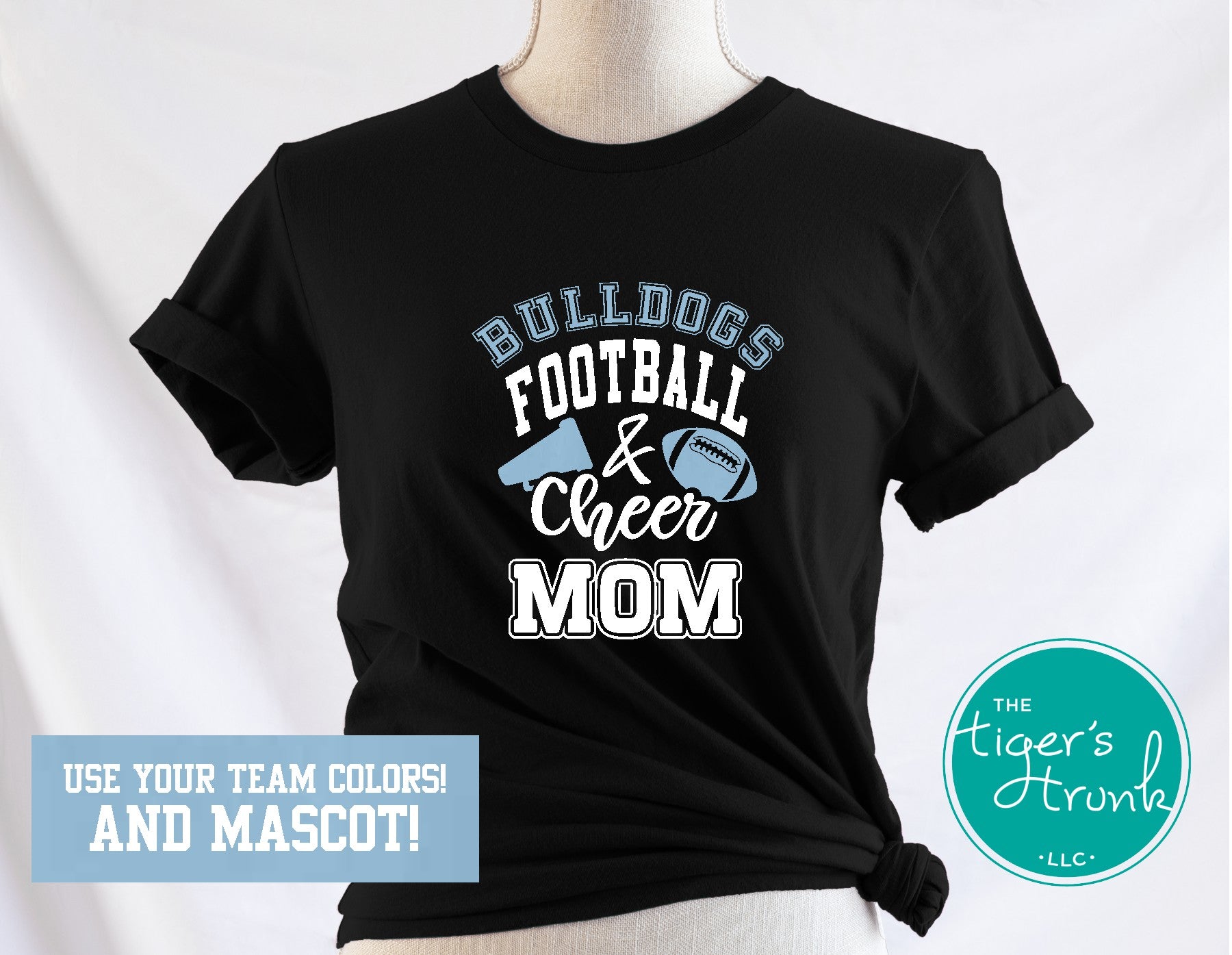 Football and Cheer Mom shirt with megaphone and football, personalized with school colors and team mascot name, custom game day spirit tee for moms