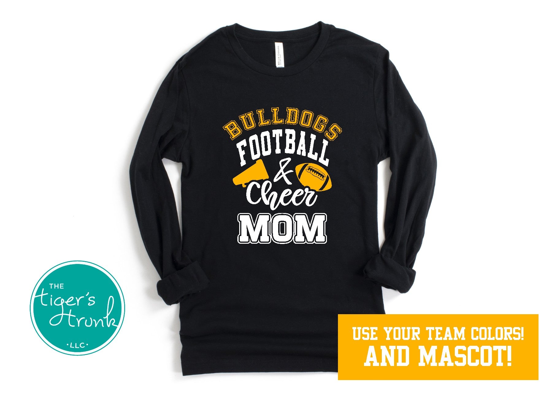 Personalized Football and Cheer Mom long-sleeve shirt with football and megaphone graphic, custom school colors and mascot name for fall spirit wear