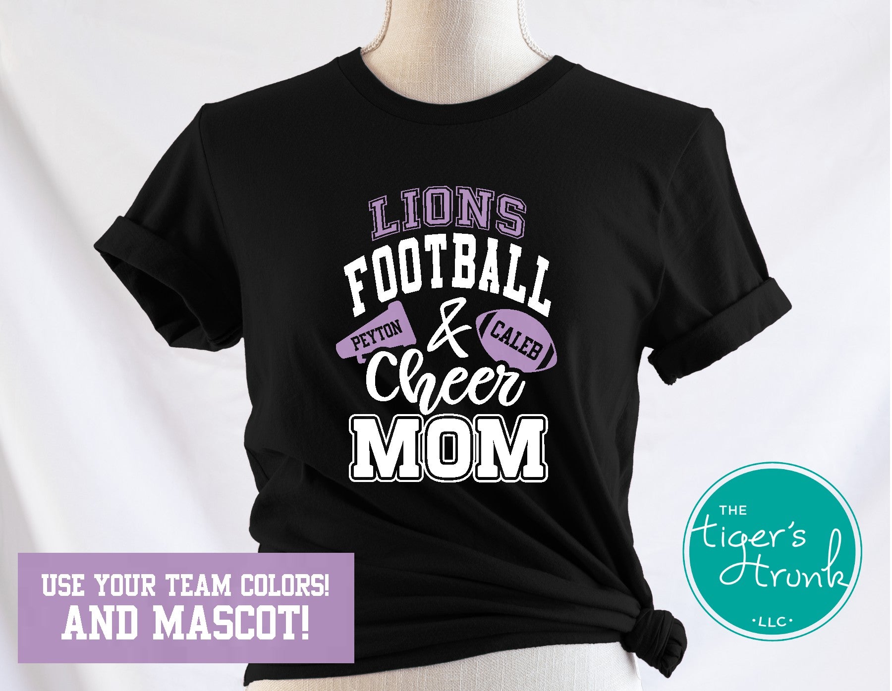 Football and Cheer matching parent shirt set with megaphone and football design, school colors, mascot name, and personalized names or jersey number