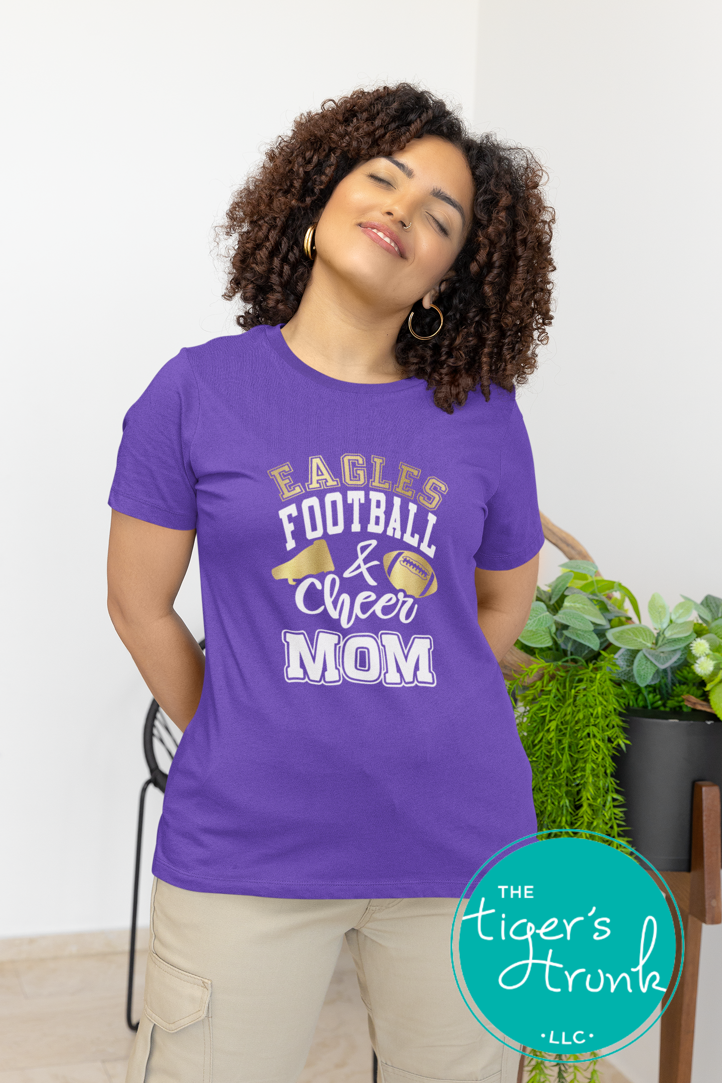 Football and Cheer Mom shirt with megaphone and football, personalized with school colors and team mascot name, custom game day spirit tee for moms