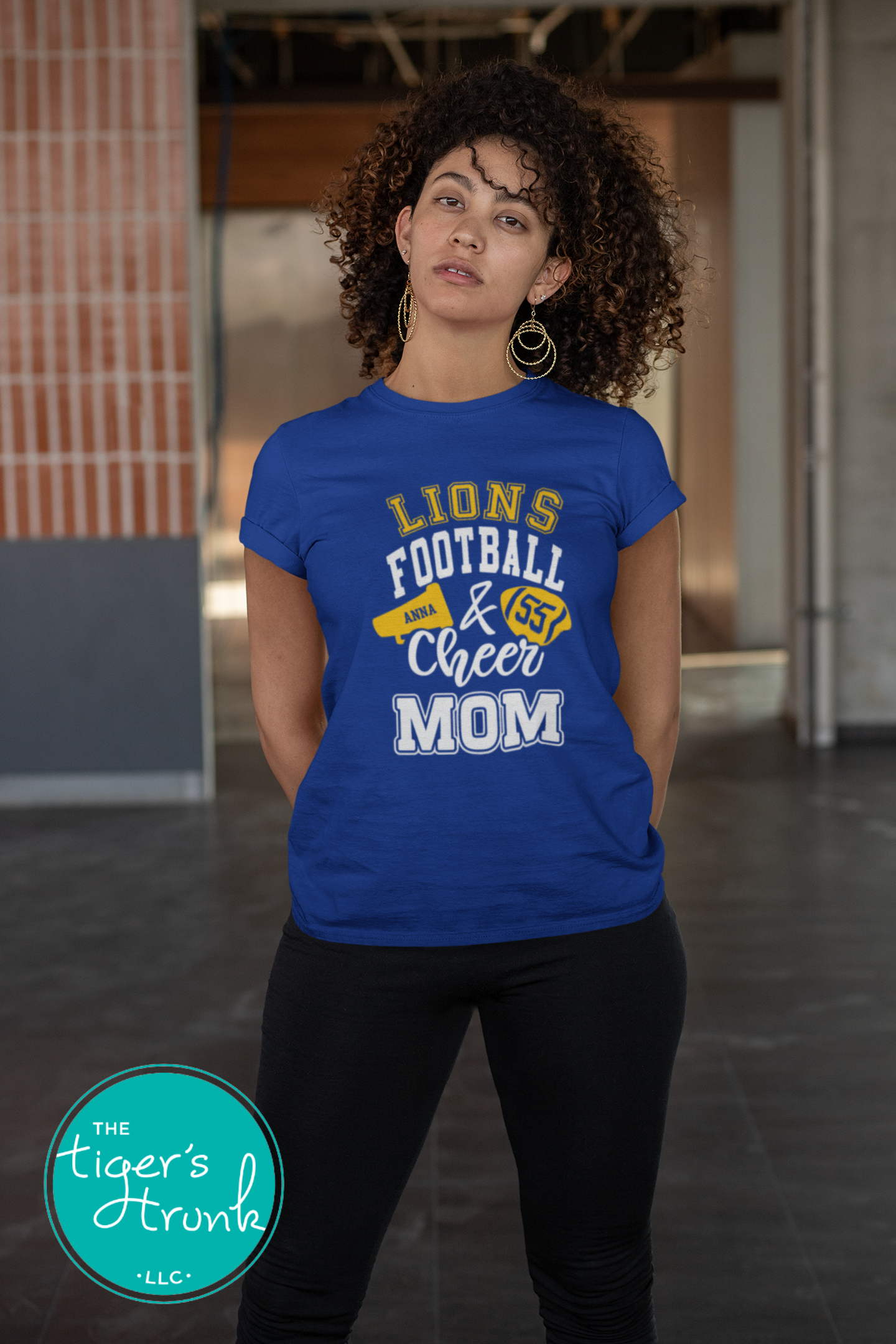 Football and Cheer matching parent shirt set with megaphone and football design, school colors, mascot name, and personalized names or jersey number