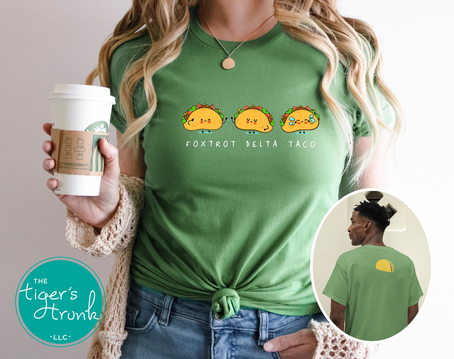 Person wearing a green t-shirt with taco designs and text, holding a coffee cup.