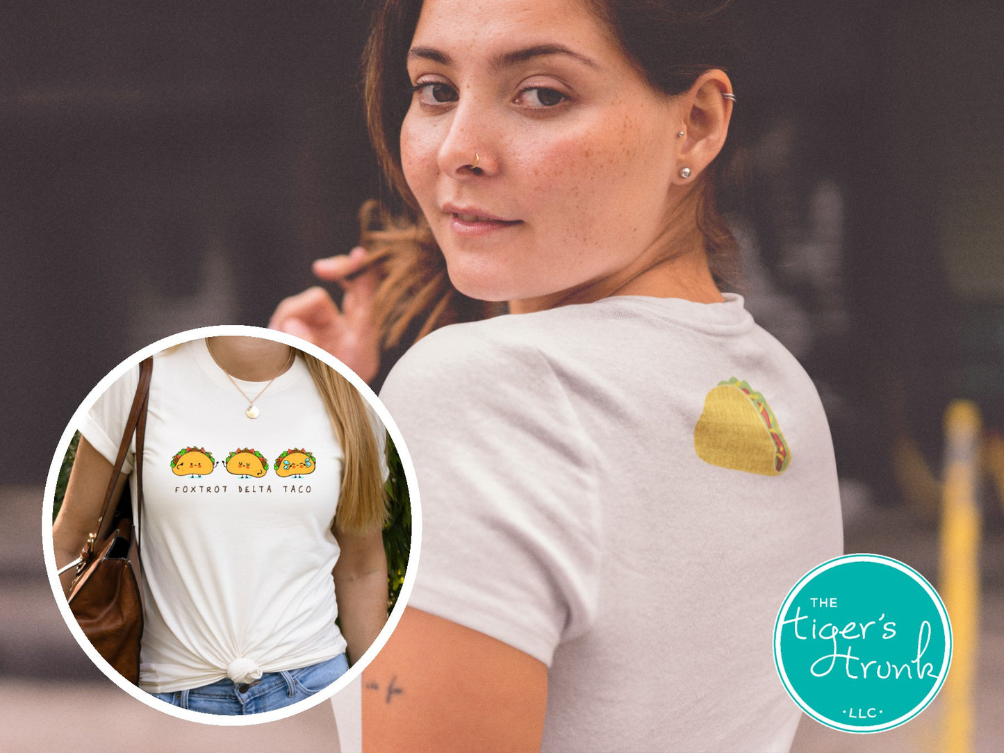 Woman wearing a natural t-shirt with taco designs and 'The Tiger's Horns' logo.