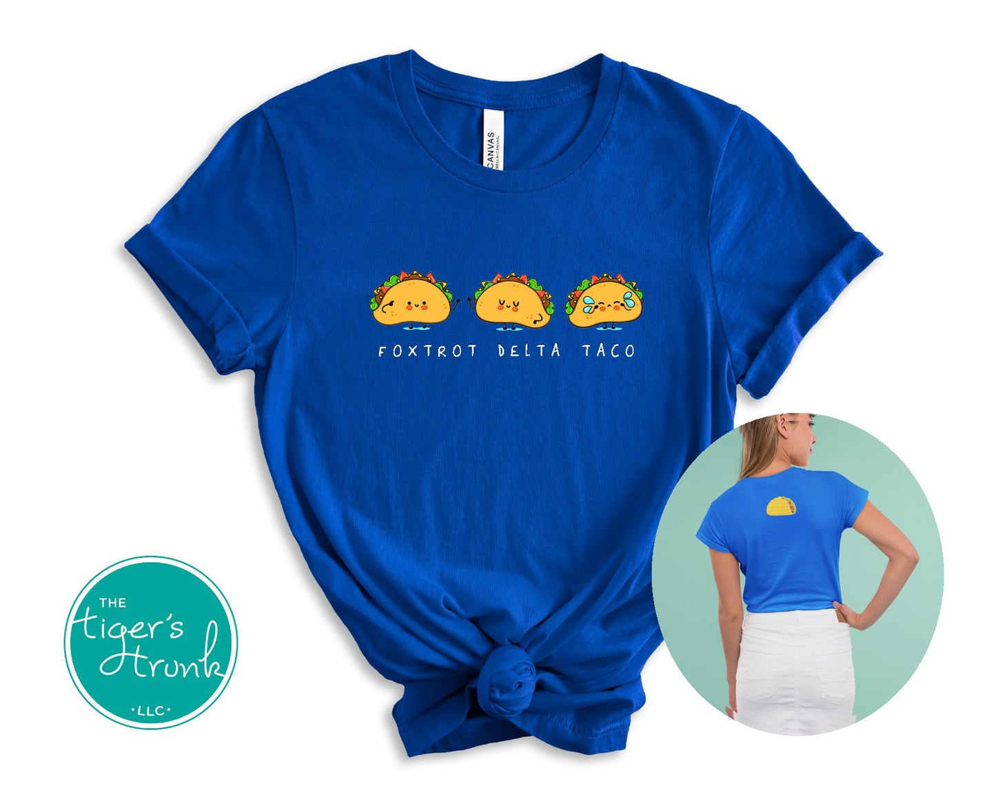 Blue t-shirt with taco design and text, worn by a person, on a white background.