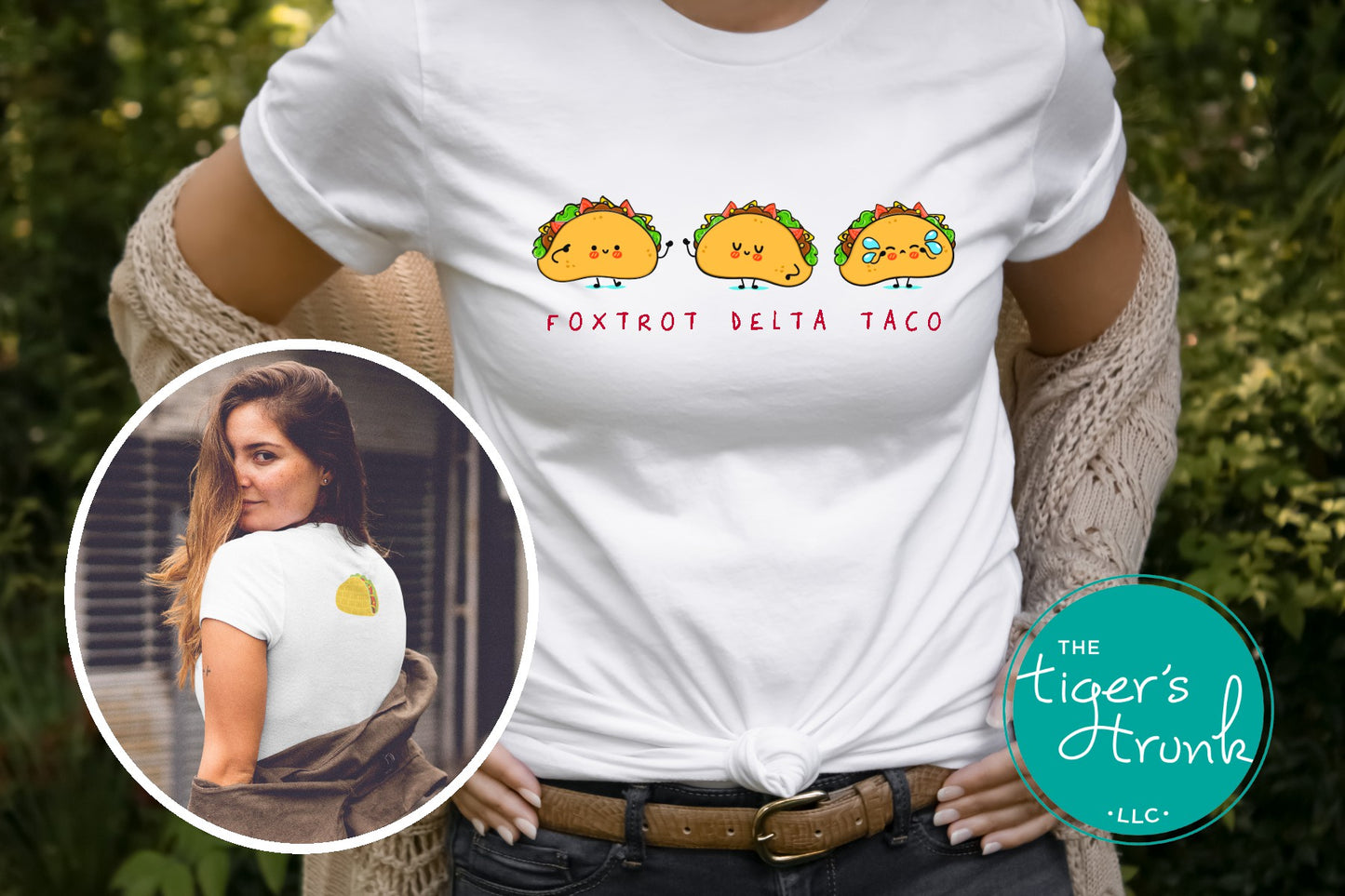 Person wearing a white t-shirt with taco graphics and text, standing outdoors.