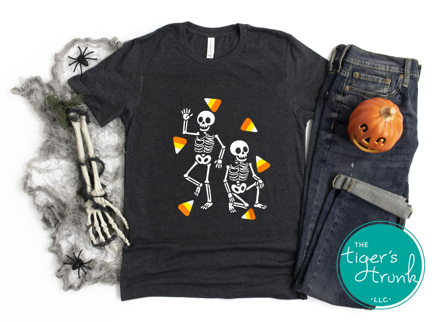 Halloween skeleton protest shirt with candy corn and hidden anti-Trump lettering, discreet activist tee for political statement