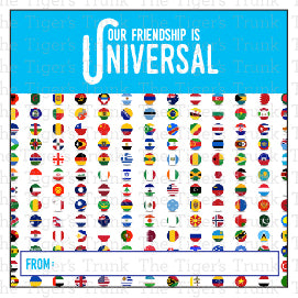 Geography-themed Valentine’s tag that reads Our Friendship is Universal